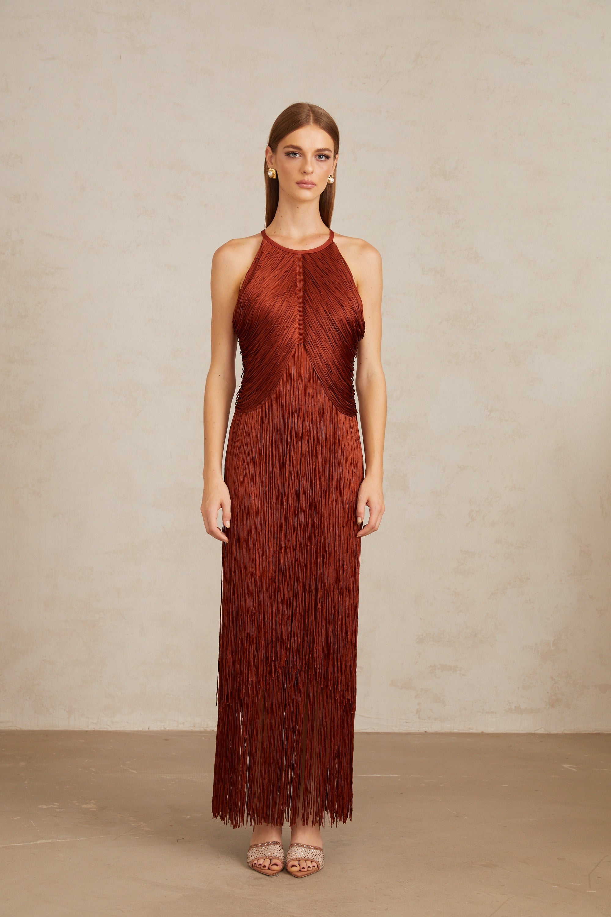 Mélisande Rusty Red Halterneck Fringed Maxi Gown