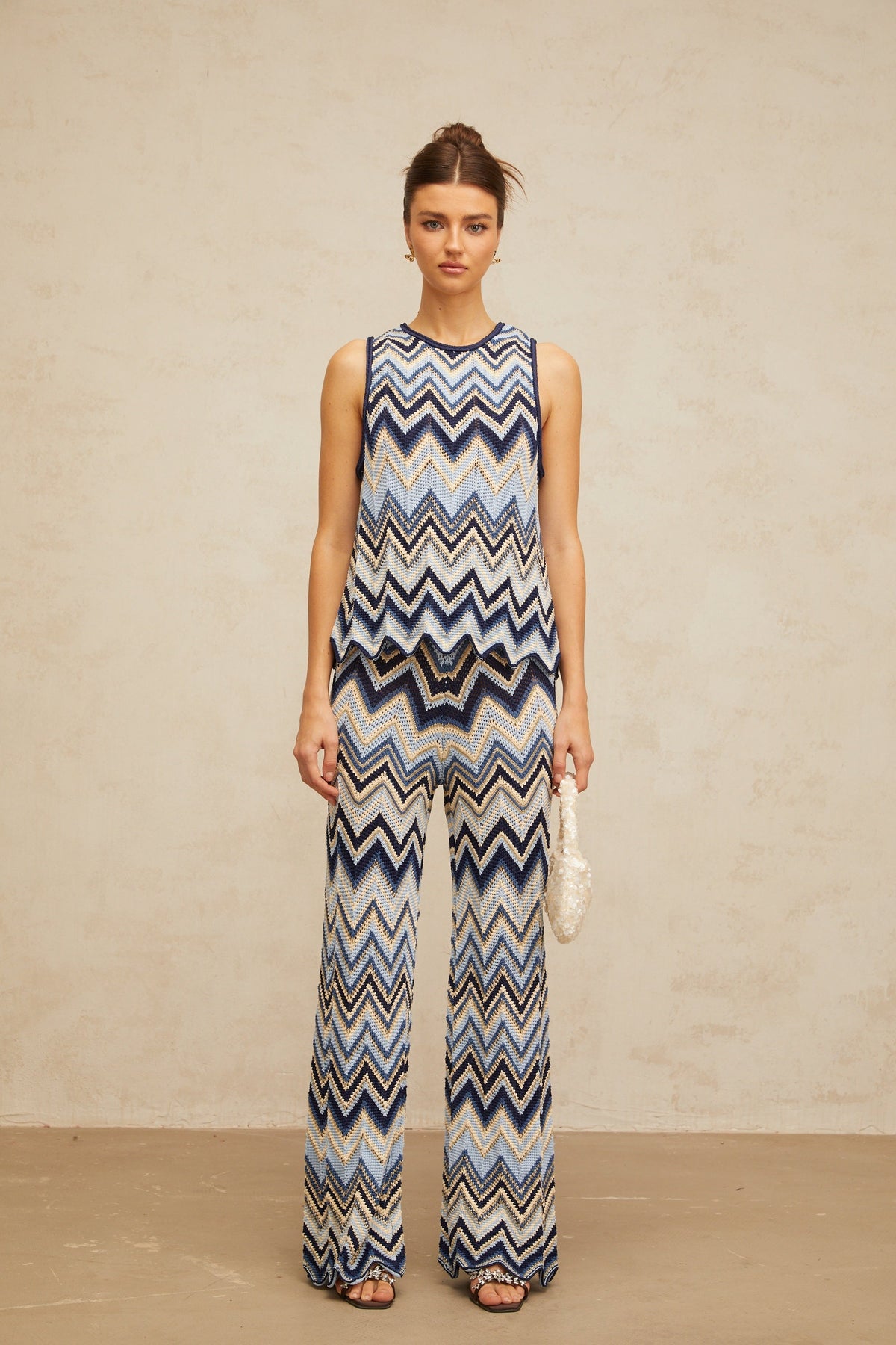 Irina blue zigzag-woven pointelle-knit top & trousers matching set (Final Sale)