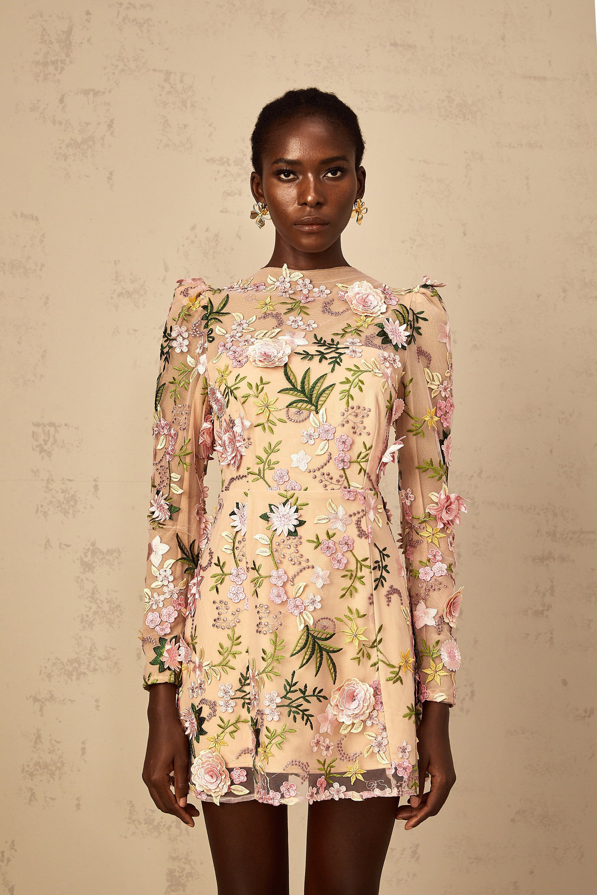 Jolien 3D Floral Appliqué Mini Dress in Pink