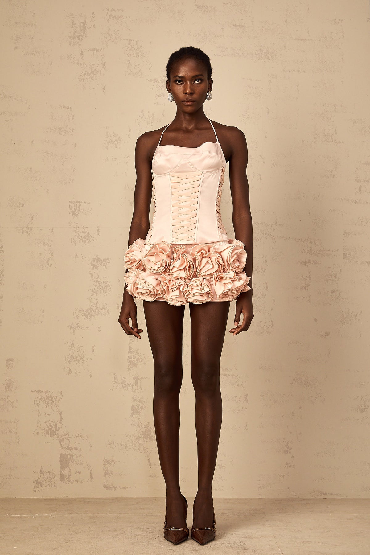 Jeanne pink faux-flower lace-up top & skirt matching set