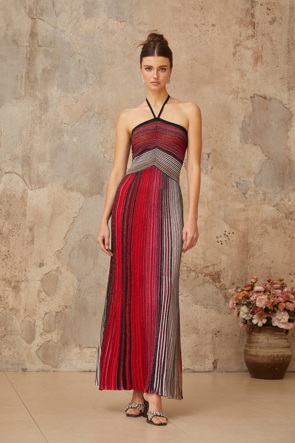 Ulysse Red Metallic Knit Halterneck Maxi Dress