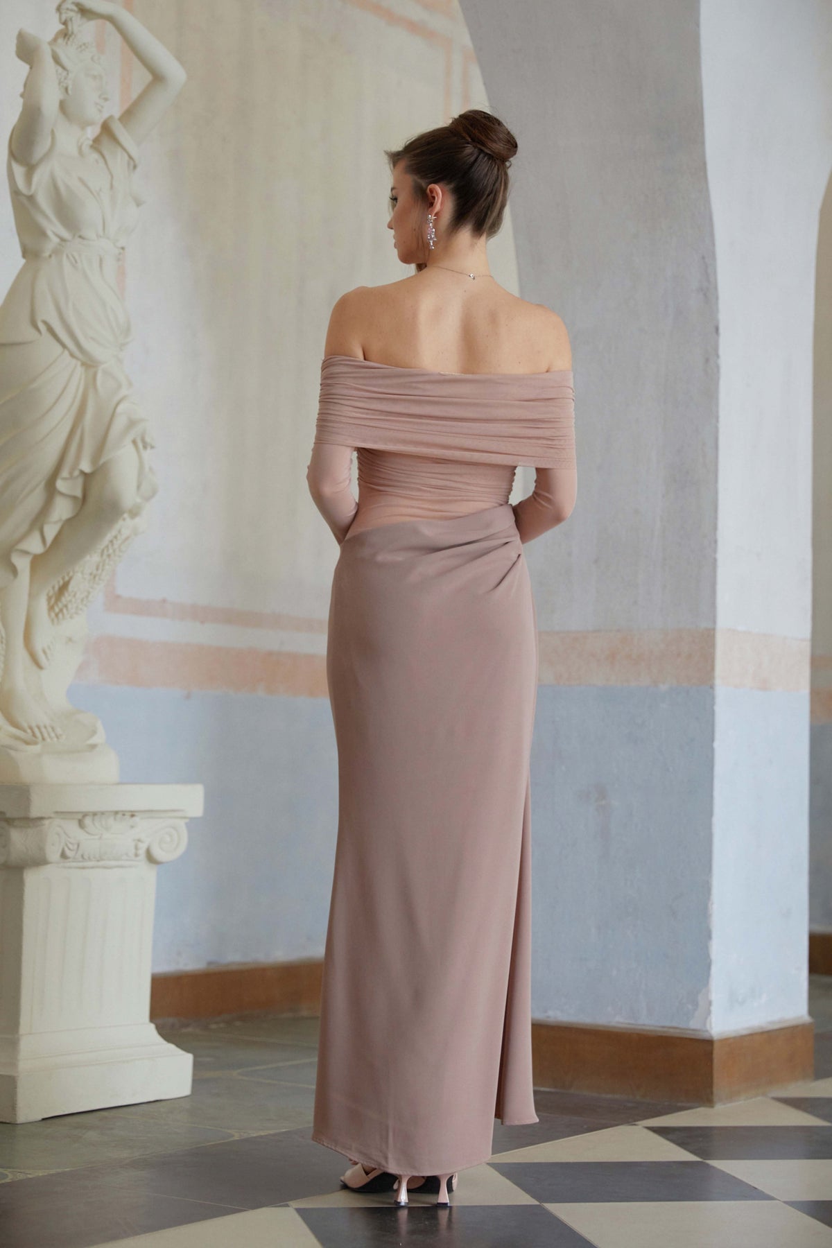 Estelle Pink Mesh Panel Ruched Maxi Dress