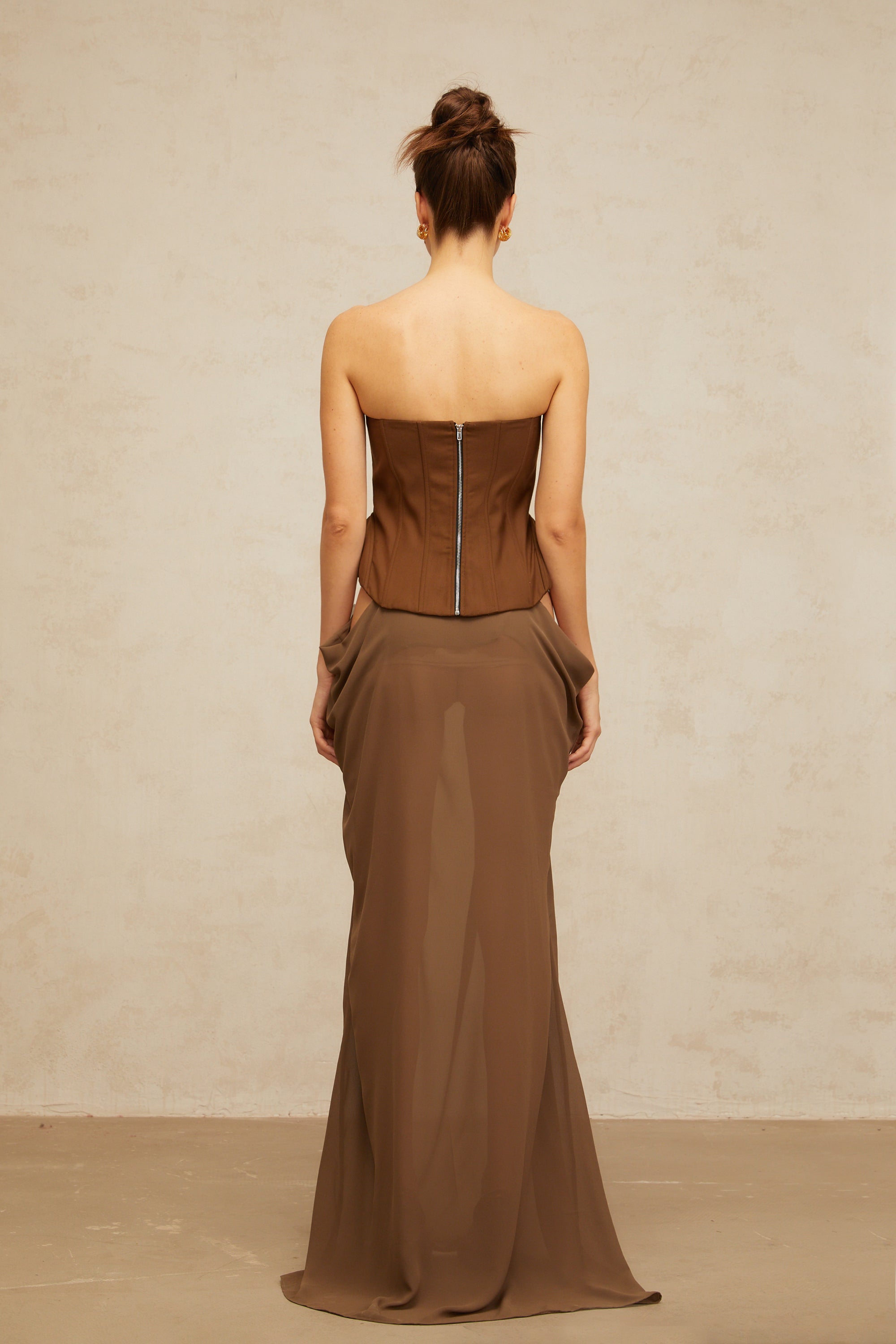 Eva brown butterfly-pin-detail corset maxi dress