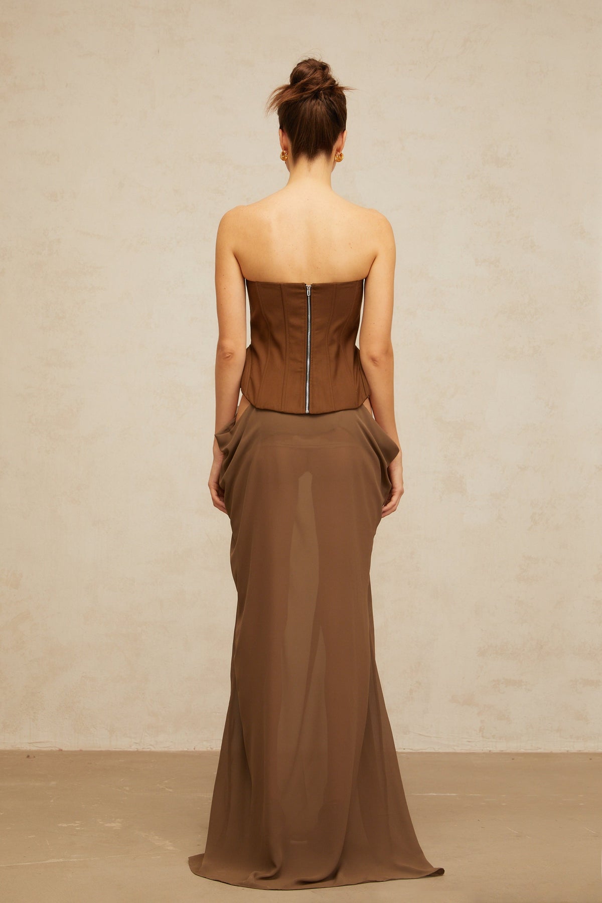 Eva brown butterfly-pin-detail corset maxi dress