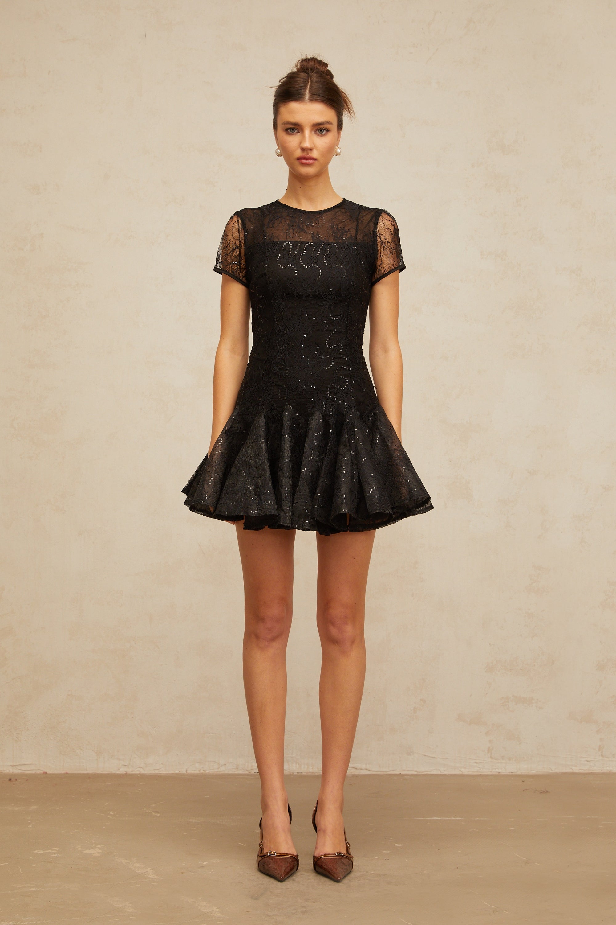 Lara black sequin-embellished flared mini dress