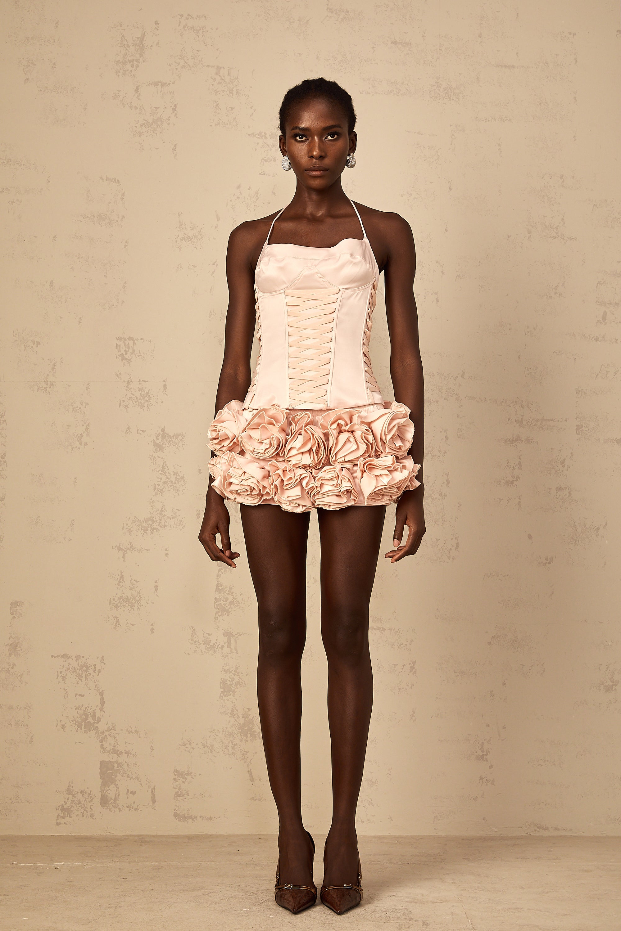 Jeanne pink faux-flower lace-up top & skirt matching set (Final Sale-US Only)