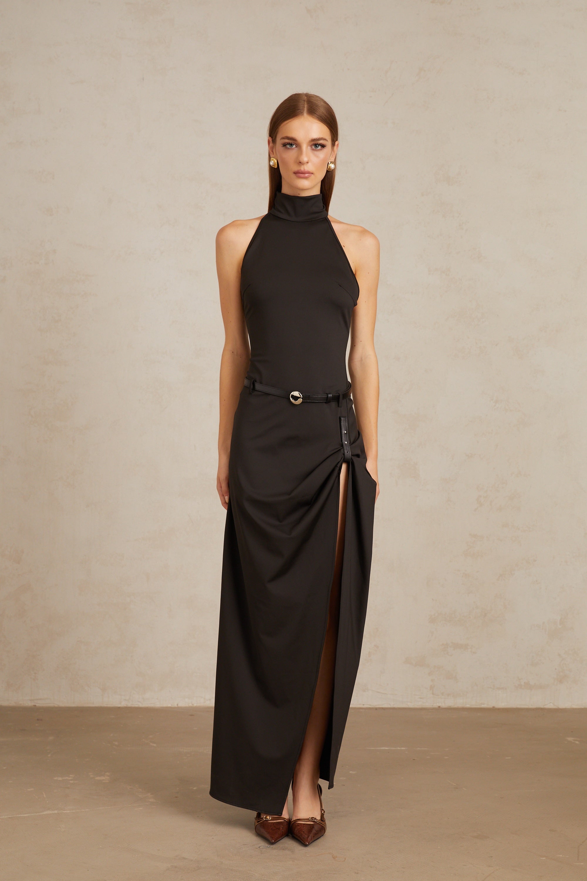Uranie Black Gathered Halterneck Maxi Dress