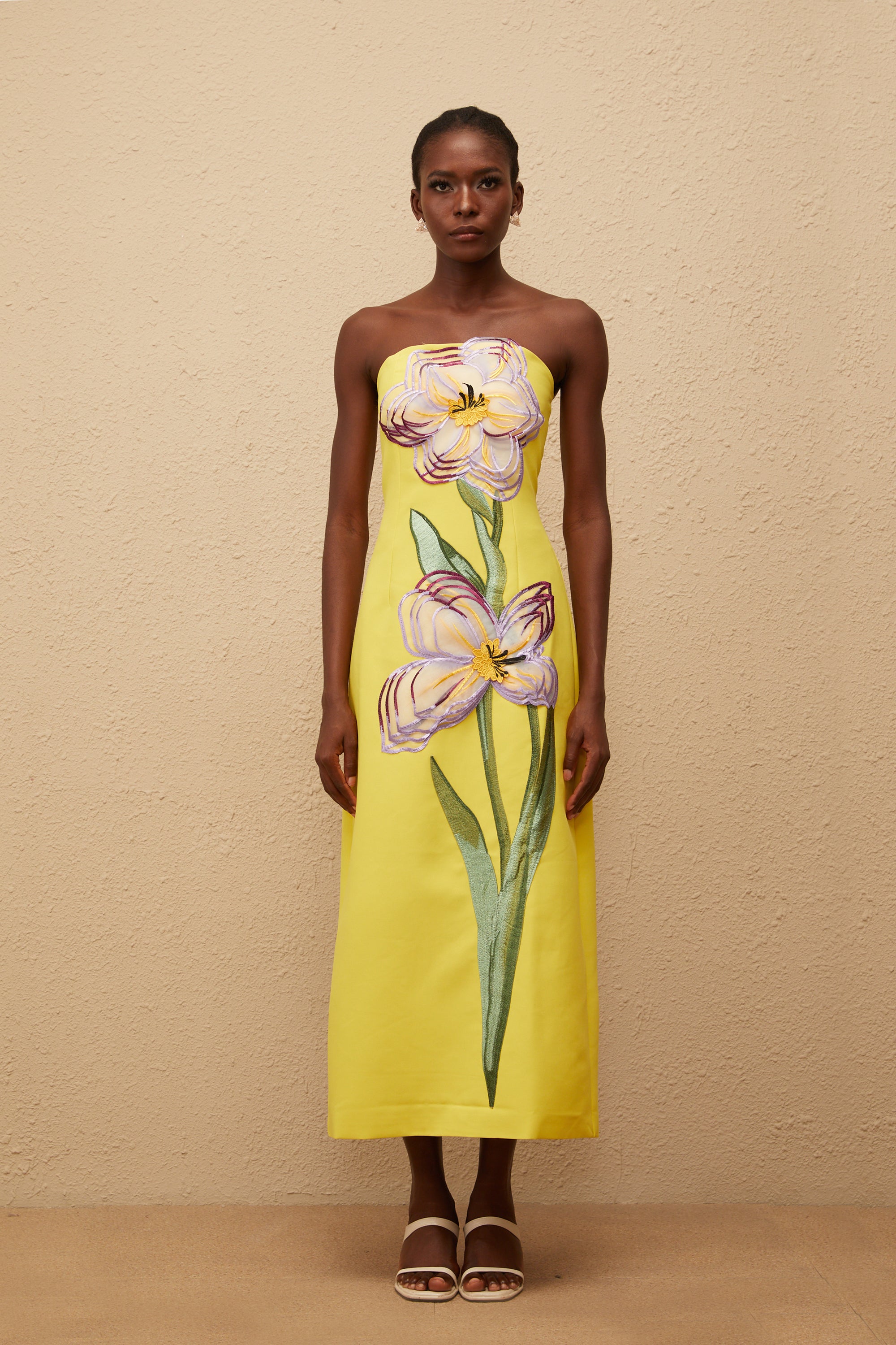 Irène Sequin Embroidered Off-Shoulder Midi Dress in Yellow