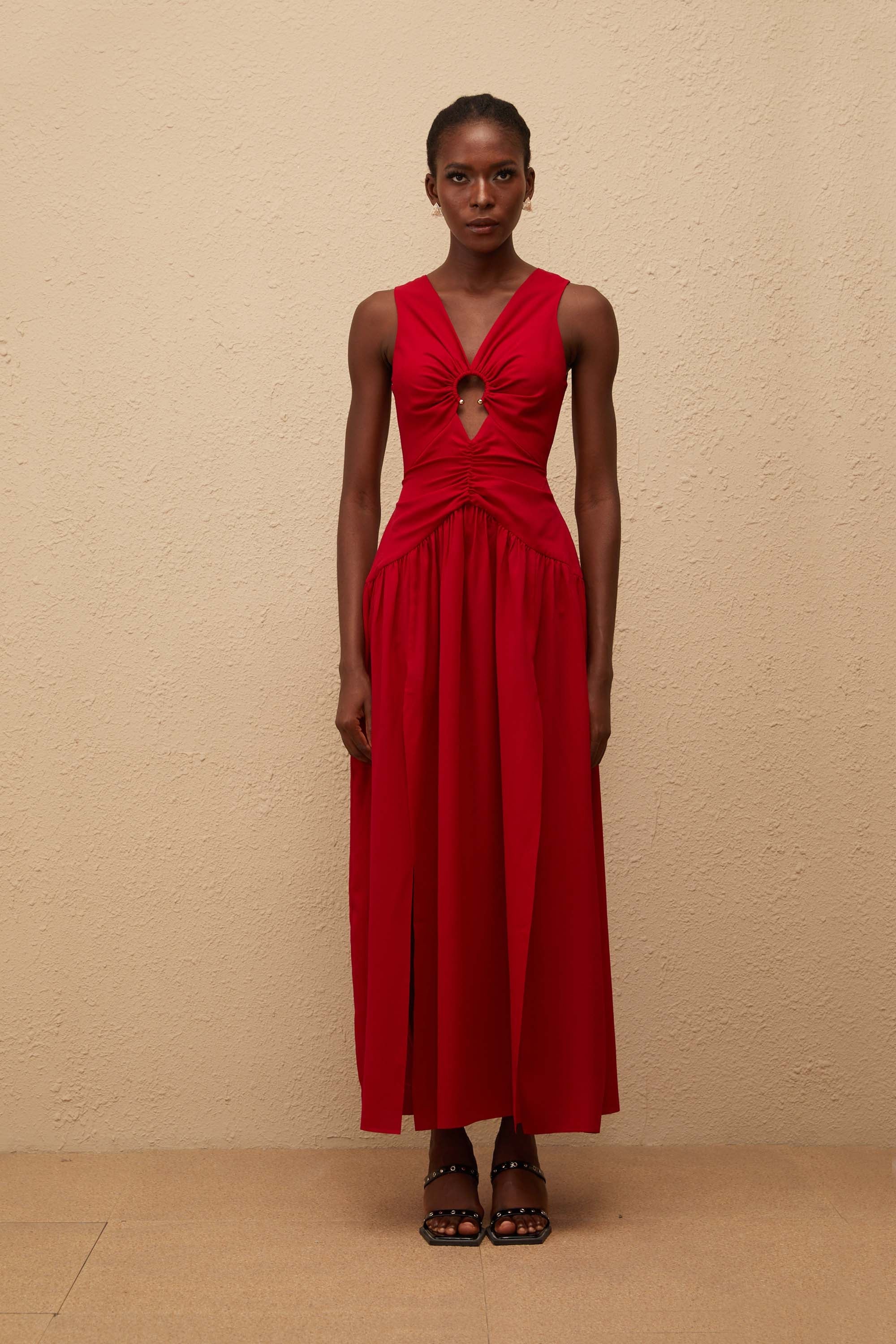 Kleopatra Red Keyhole Detail Ruched Midi Dress