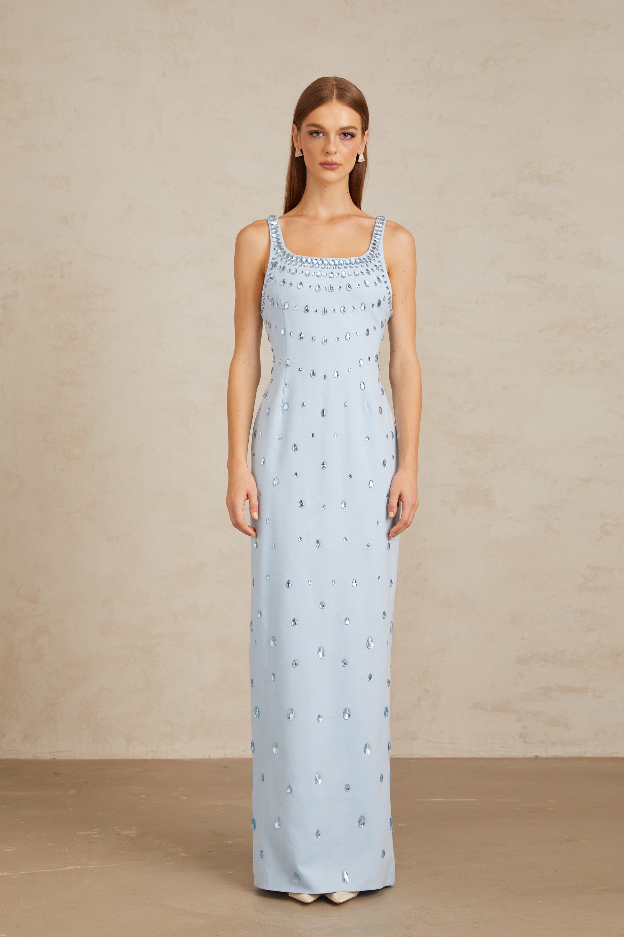 Meris Blue Crystal Embellished Maxi Gown