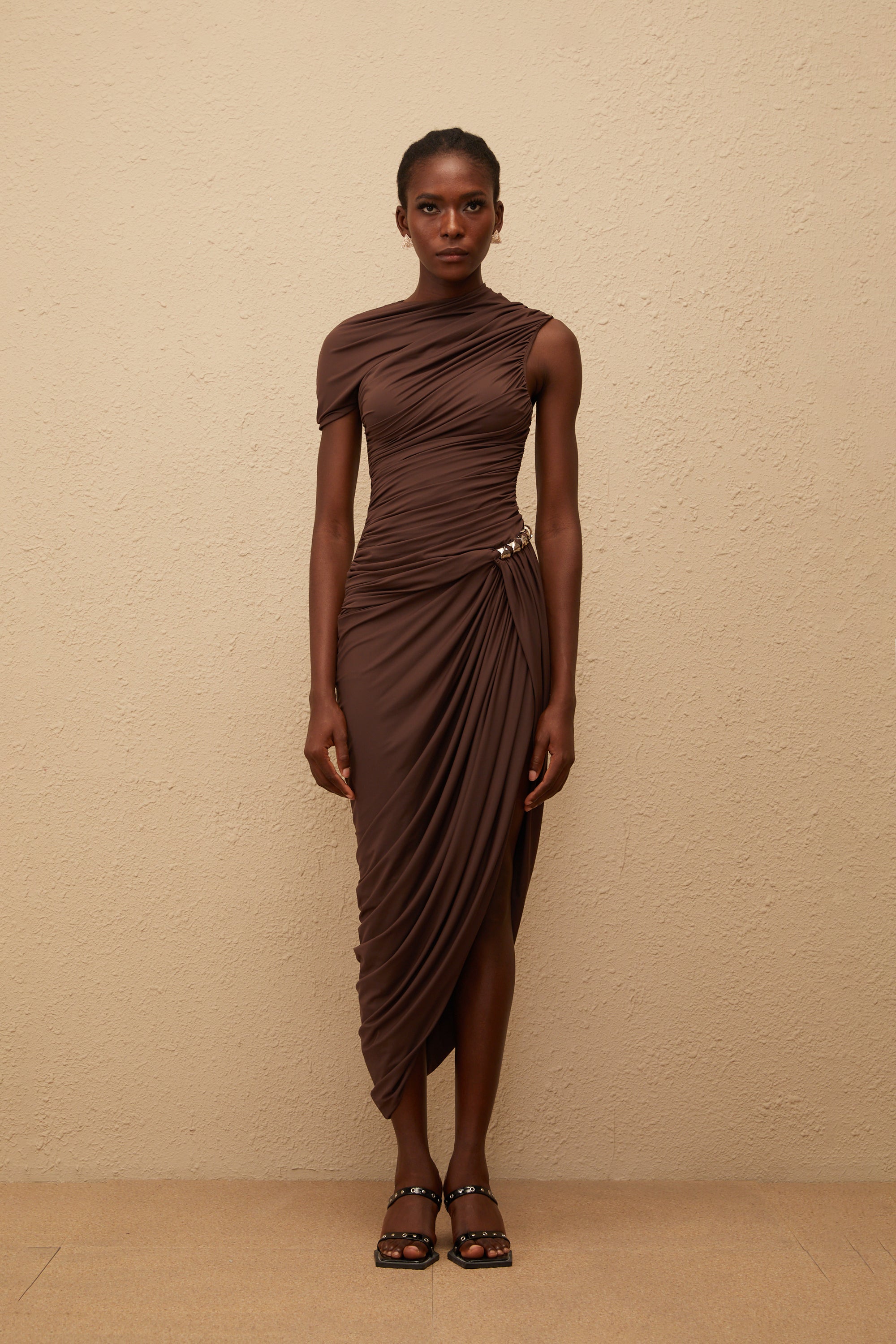 Prune Brown Night Out Asymmetrical Ruched Midi Dress