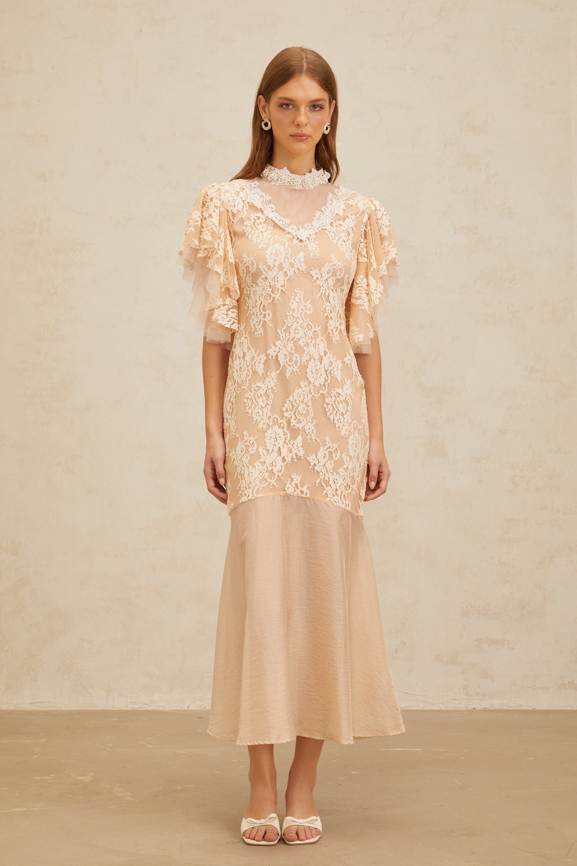 Annabelle Embellished Floral Lace Panelled Midi Dress in Neutrals