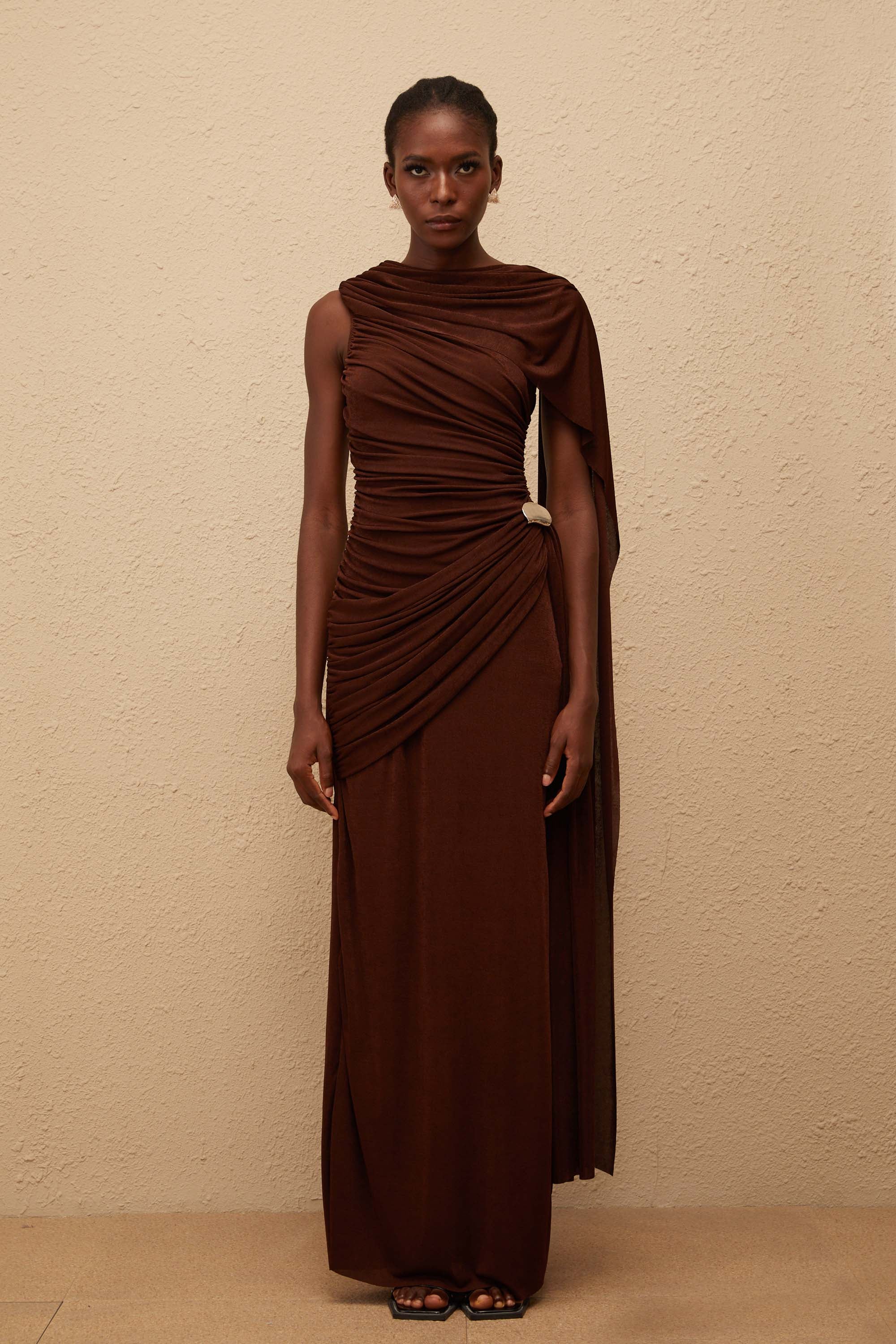 Paloma Brown Sleeveless Asymmetrical Ruched Knit Maxi Dress