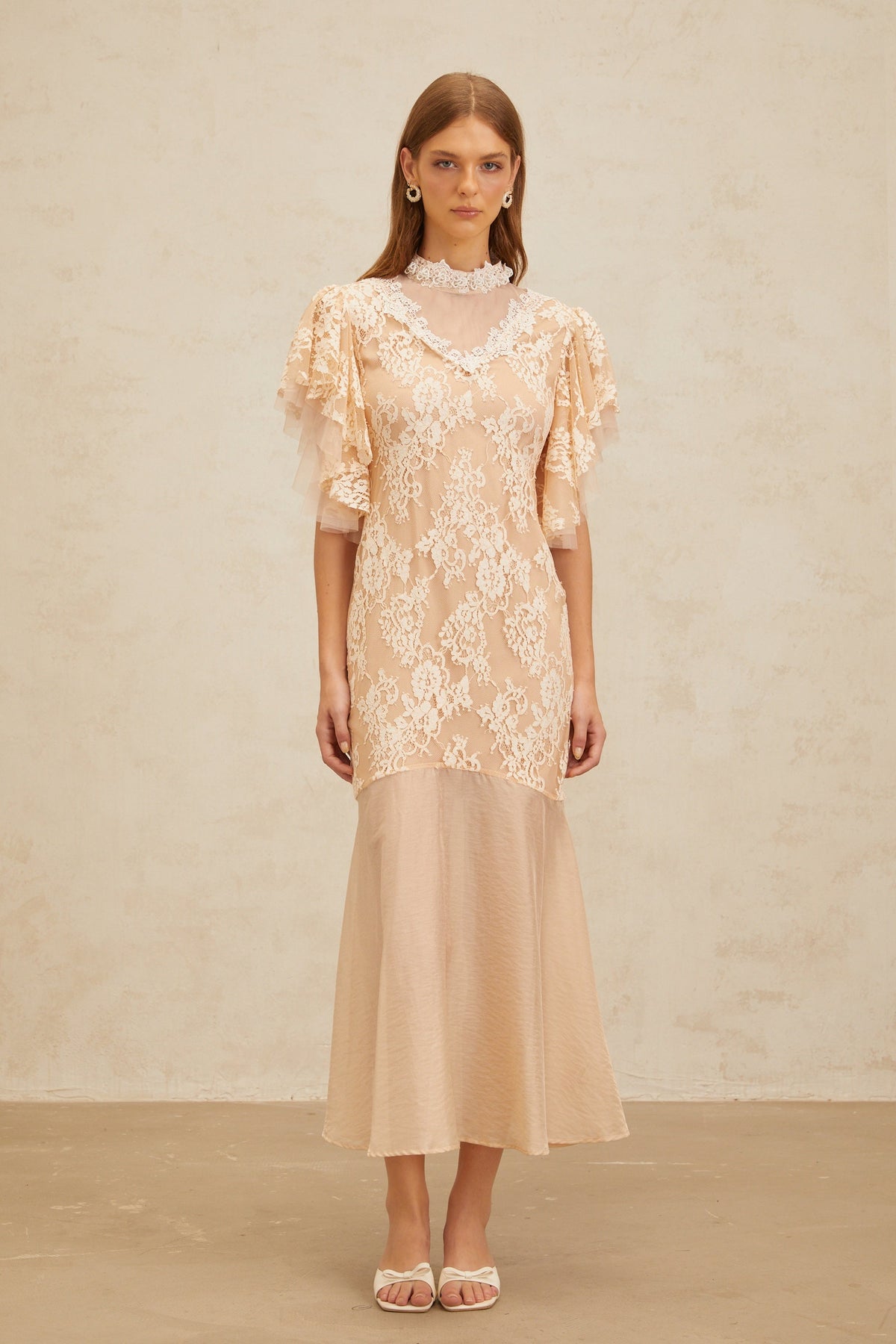 Annabelle Embellished Floral Lace Panelled Midi Dress in Neutrals (Final Sale-US Only)