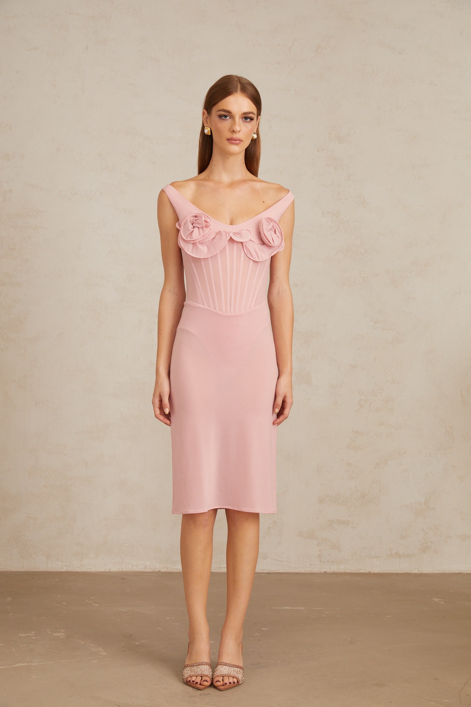 Aada Pink Fitted 3D Petal Midi Dress (Final Sale-US Only)