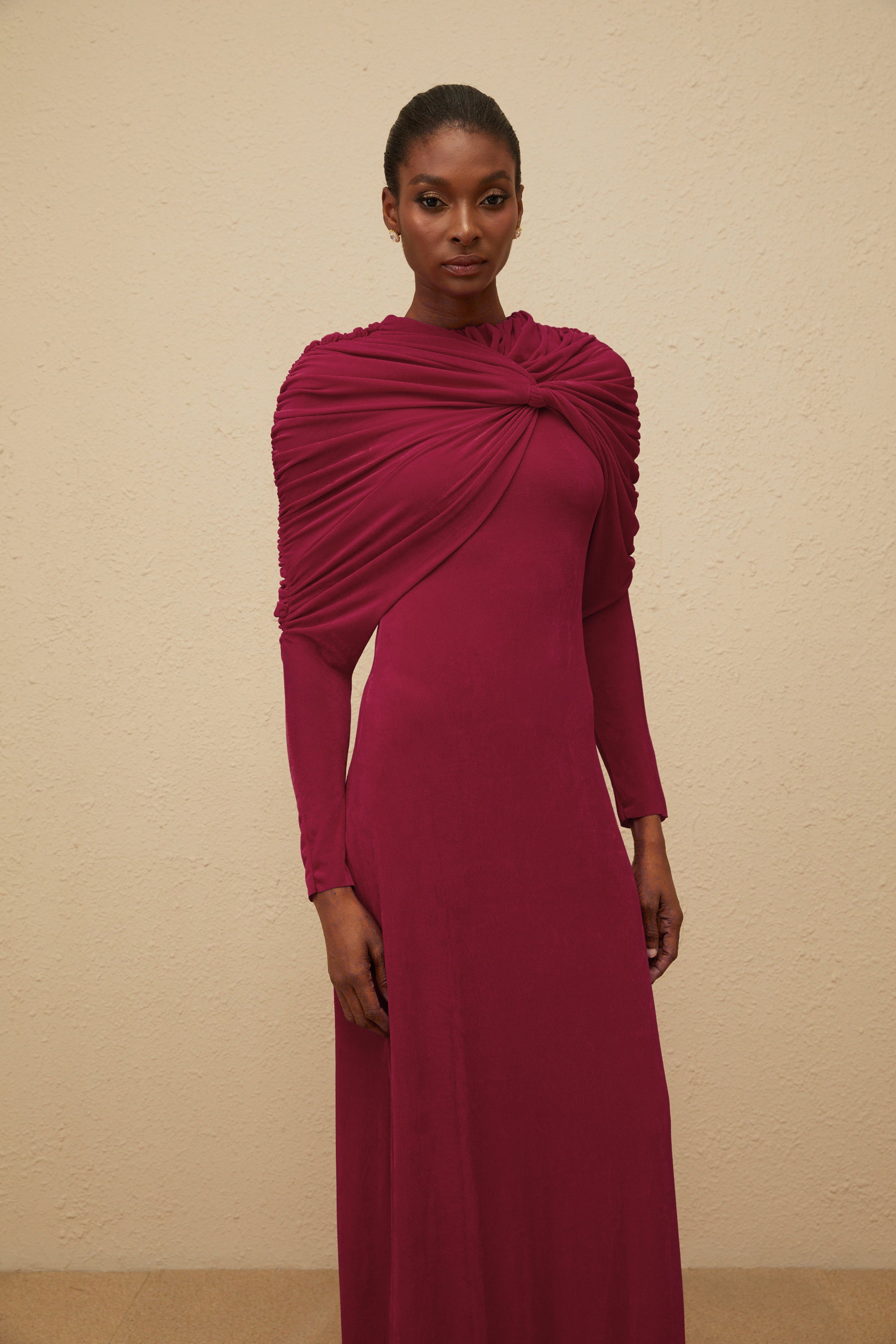 Moderne Red Cape-Design Ruched Maxi Dress (Final Sale-US Only)