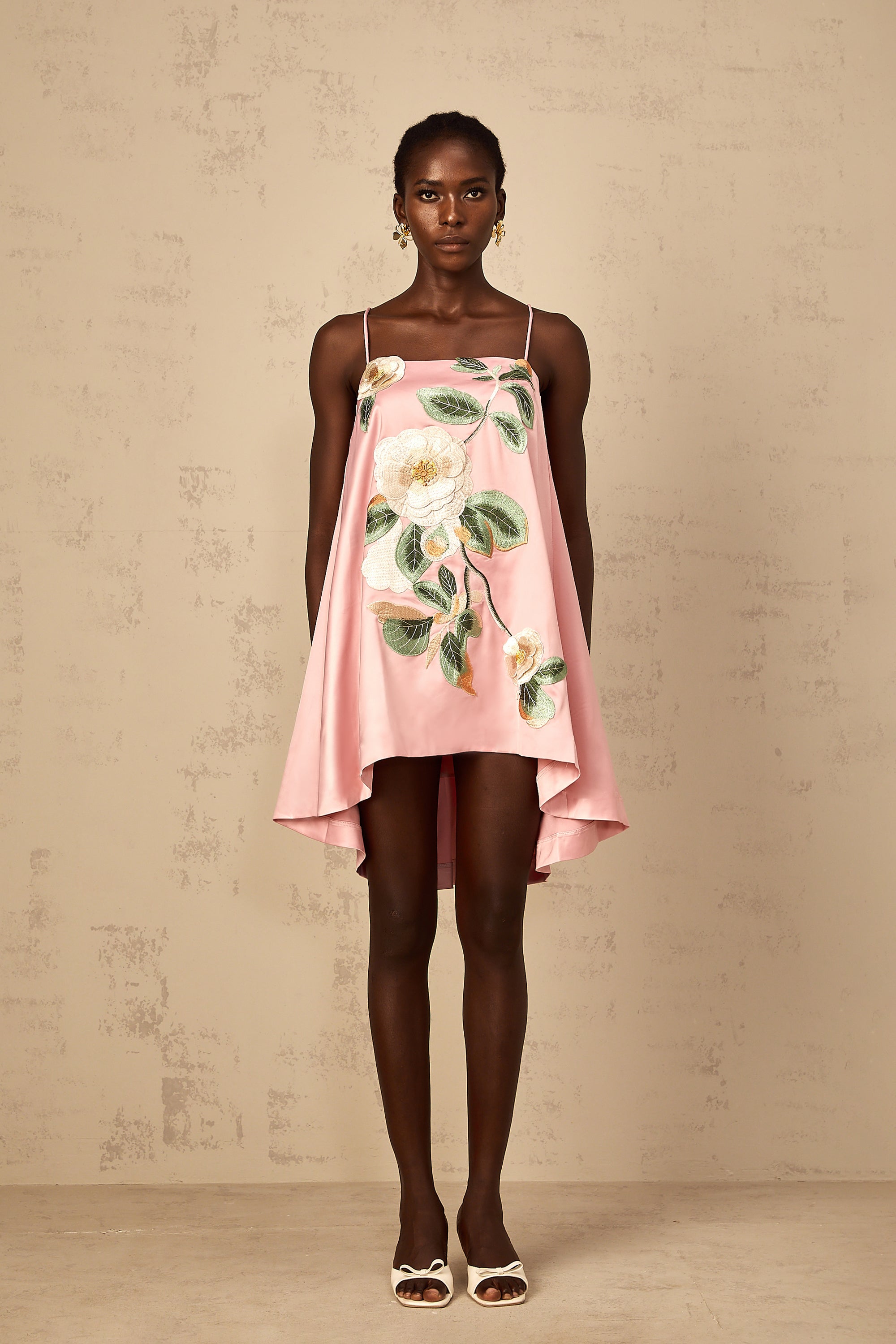 Avril Pink Floral Embroidered Satin Mini Dress