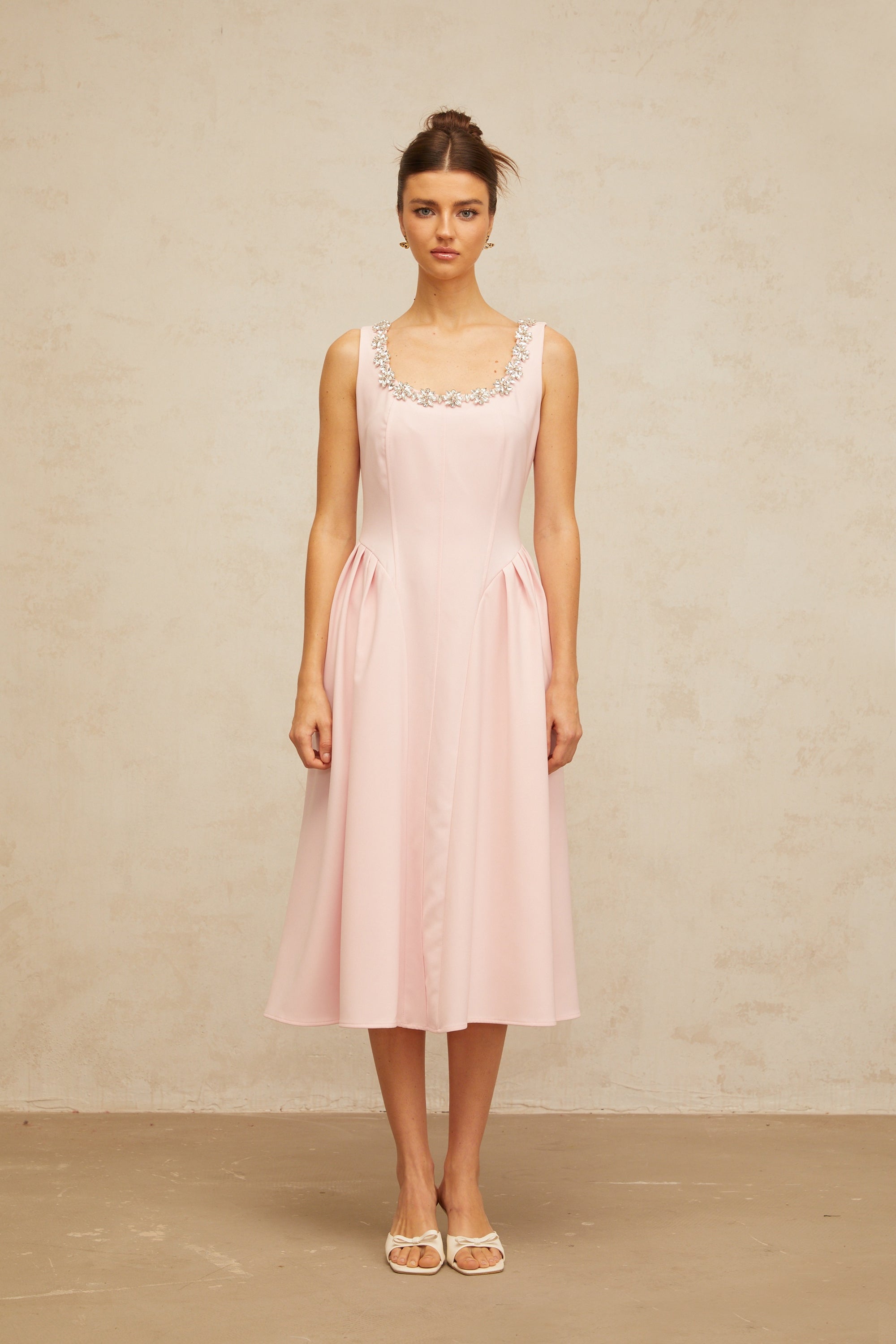 Béatrice pink crystal pleated midi dress