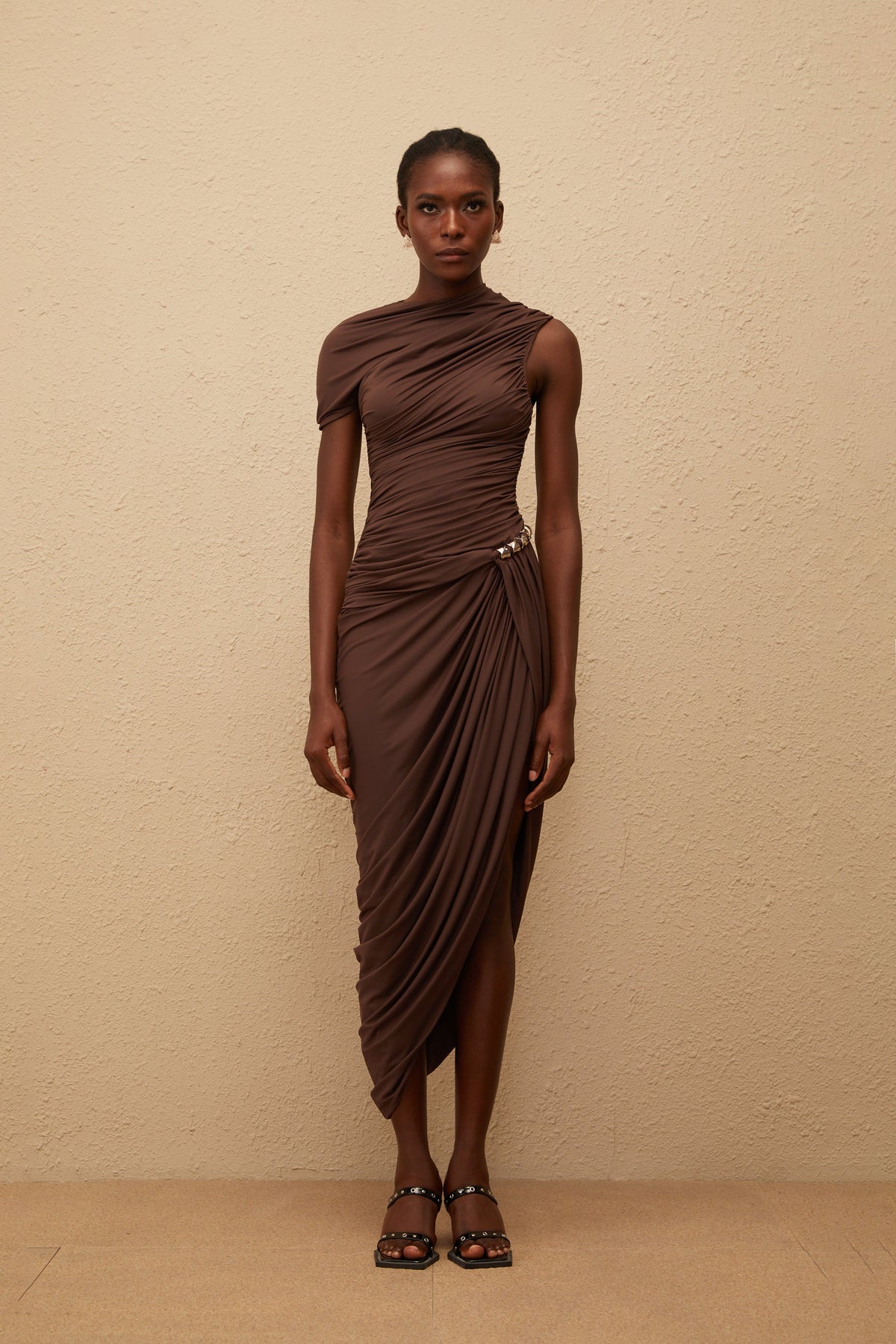 Prune Brown Night Out Asymmetrical Ruched Midi Dress (Final Sale-US Only)