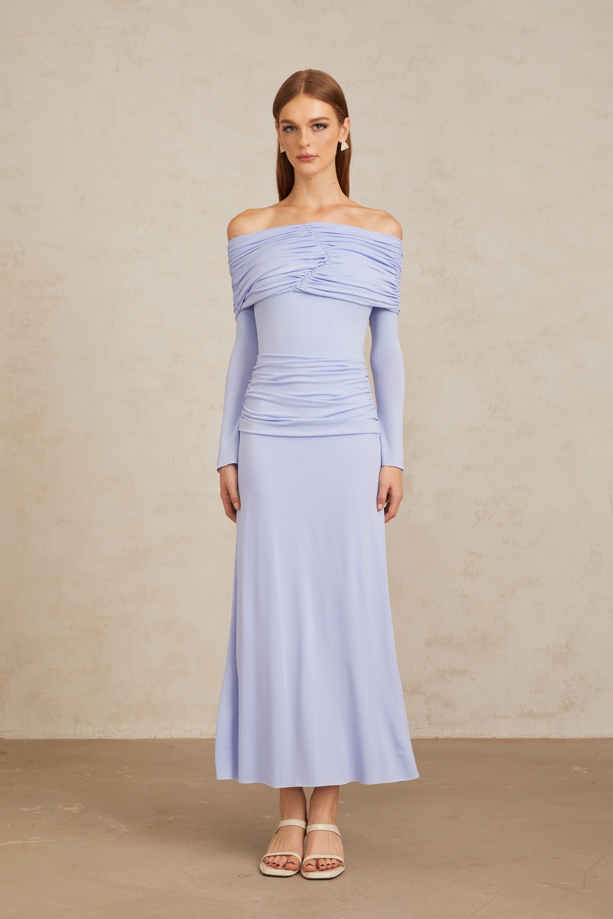 Katia Light Blue Off-Shoulder Ruched Maxi Dress