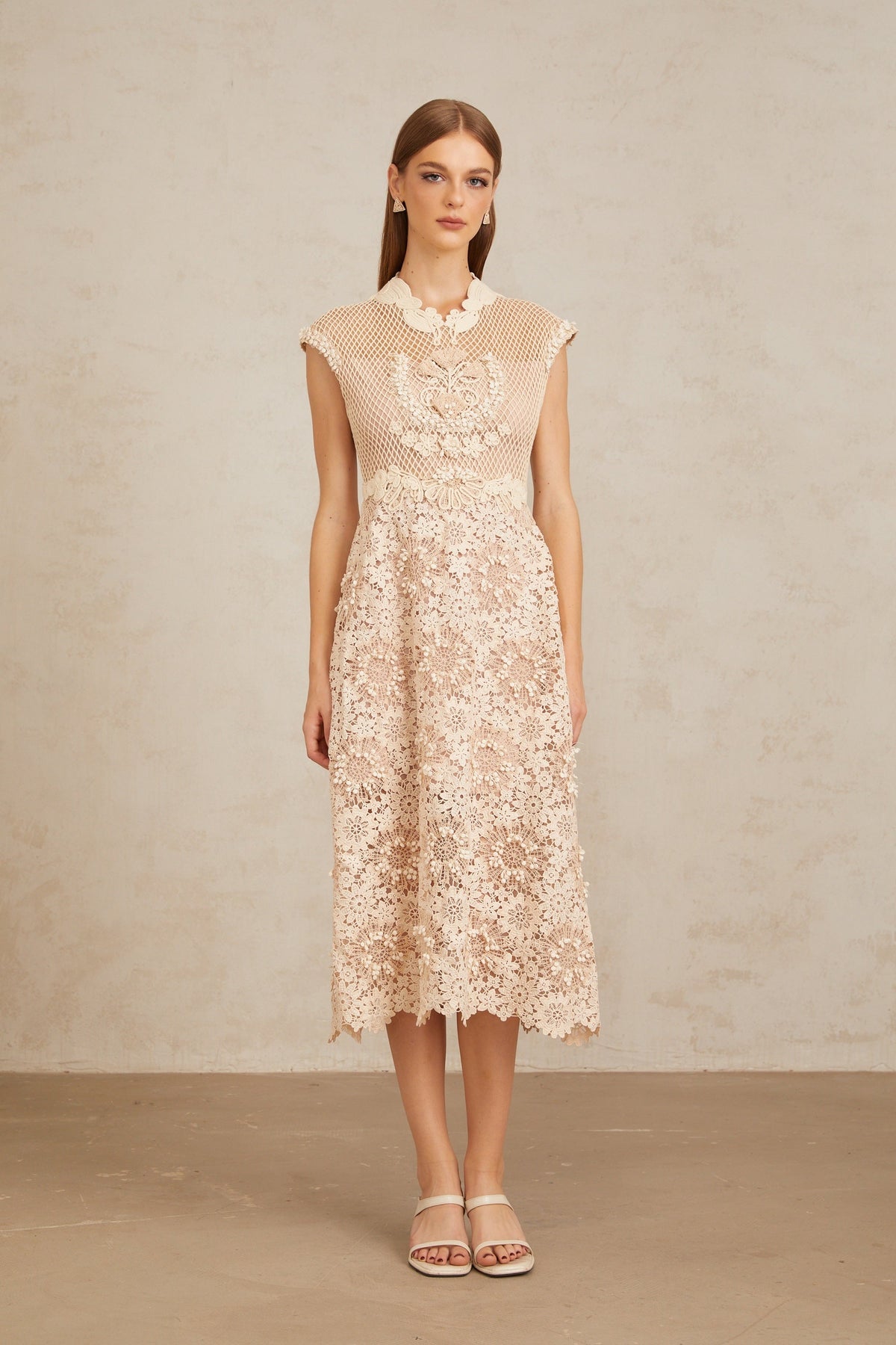 Capucine Braid Detail Corded Lace Midi Dress
