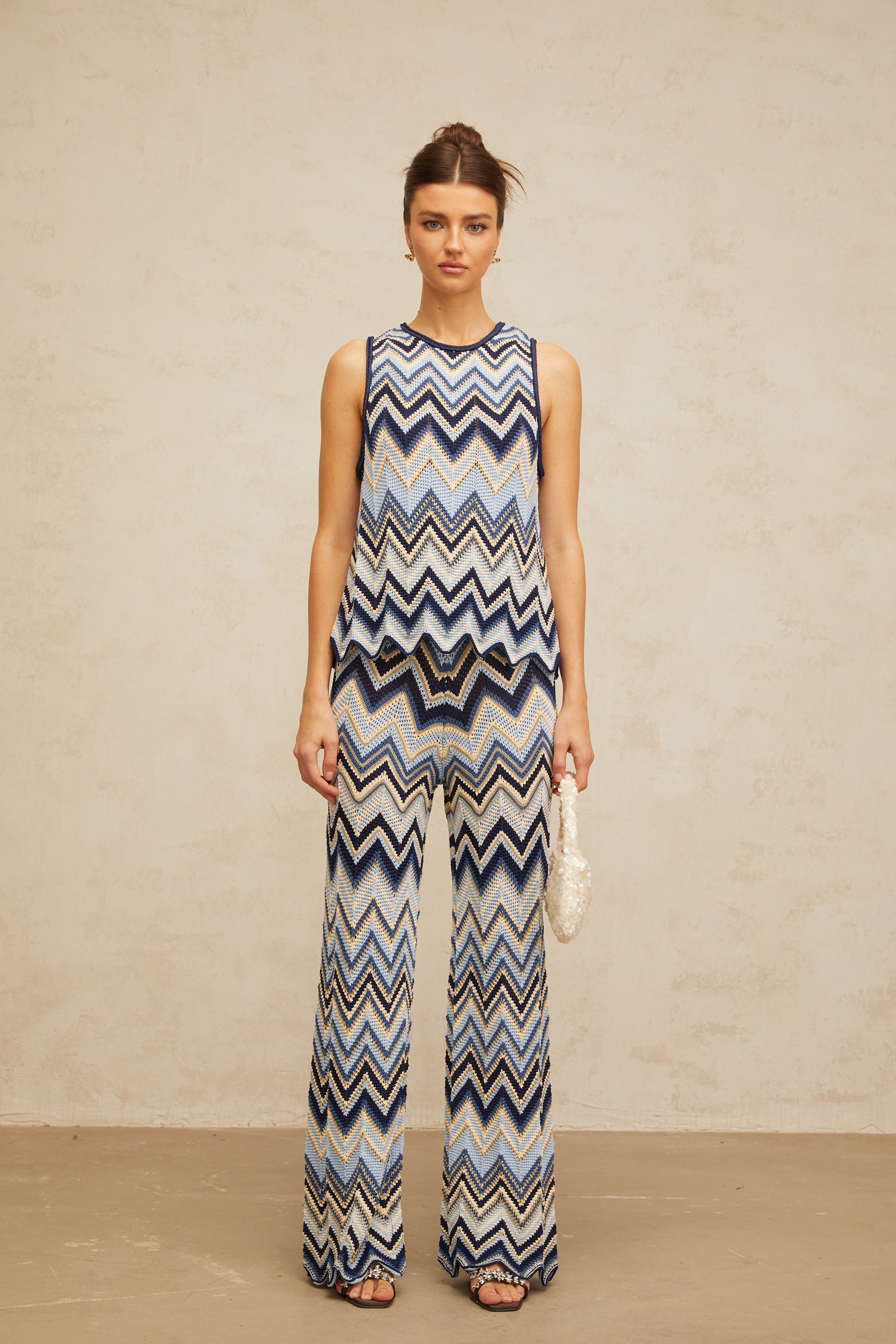 Irina blue zigzag-woven pointelle-knit top & trousers matching set