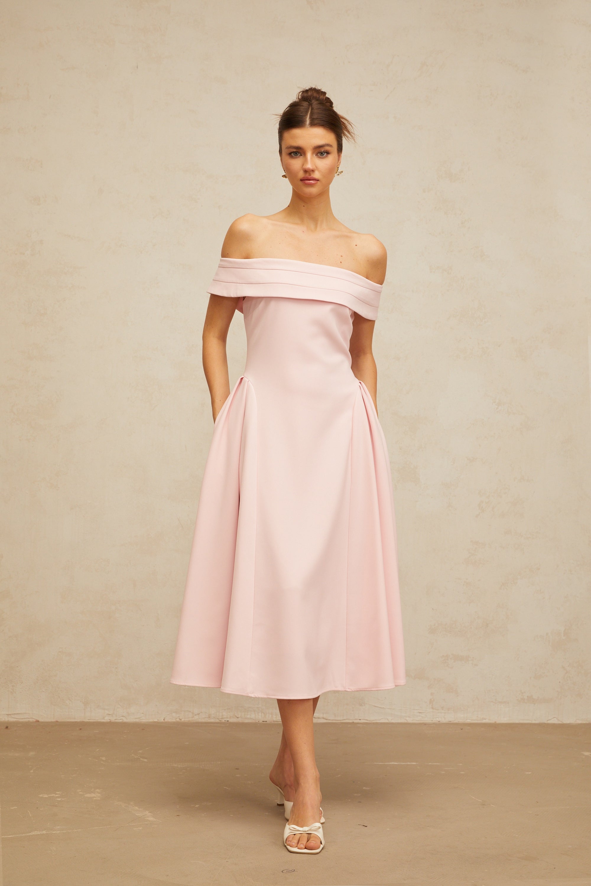 Zélie pink off-shoulder pleated midi dress (Final Sale-US Only)