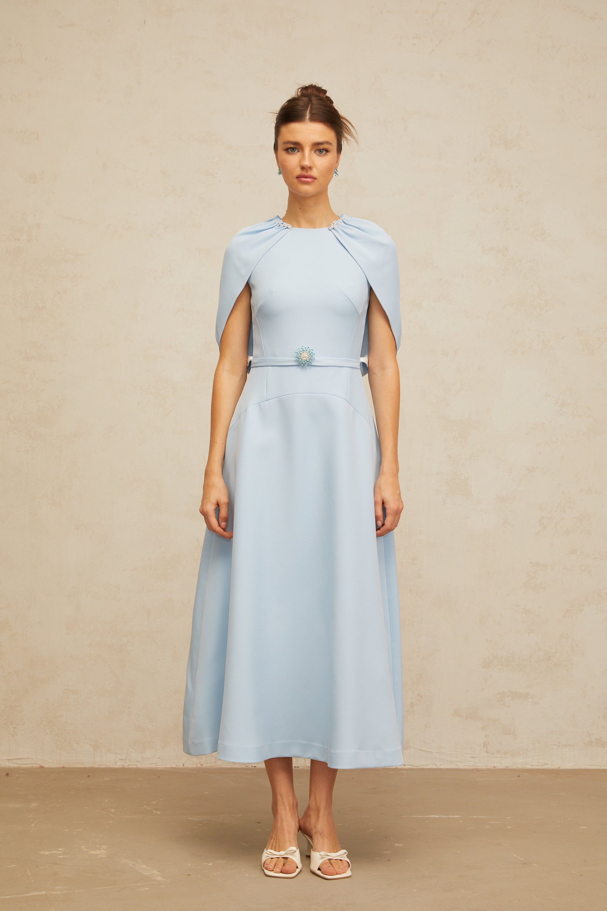 Lina blue shawl-panel embellished midi dress