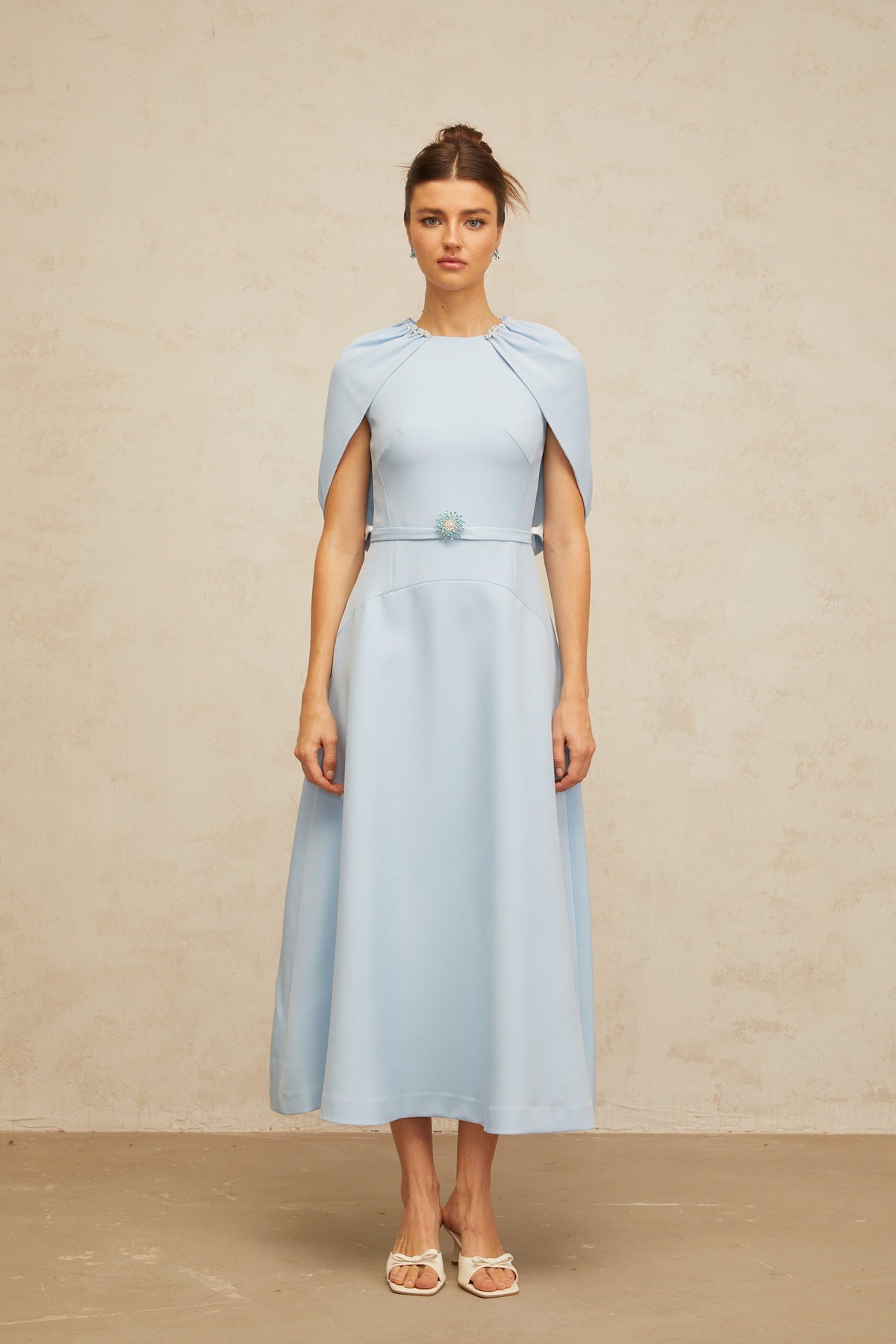Lina blue shawl-panel embellished midi dress