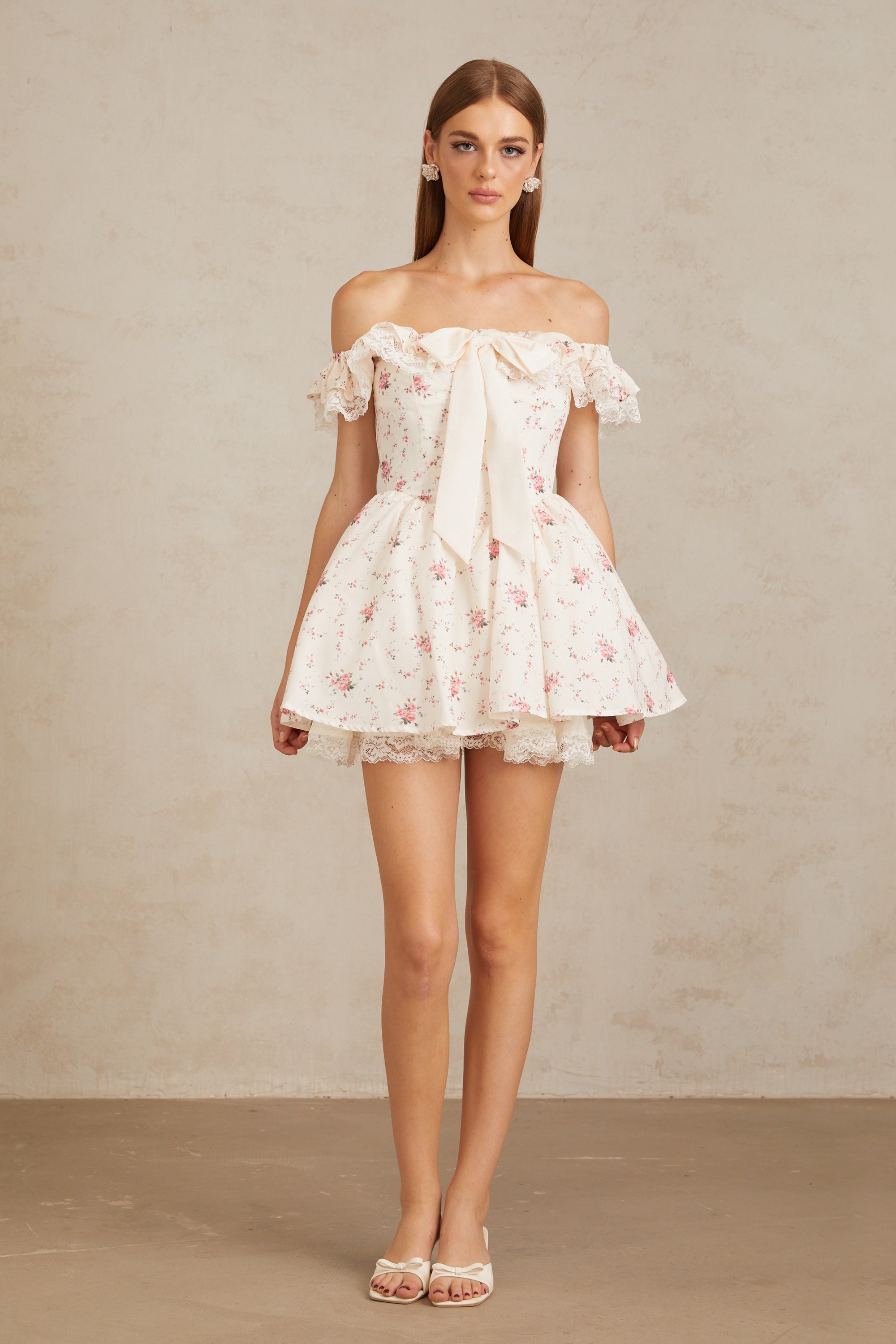 Arsène White Oversize Bow Floral Print Mini Dress