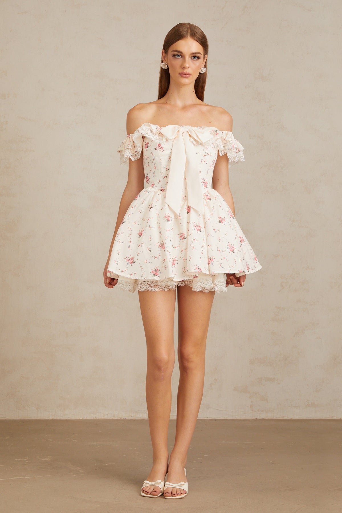 Arsène White Oversize Bow Floral Print Mini Dress