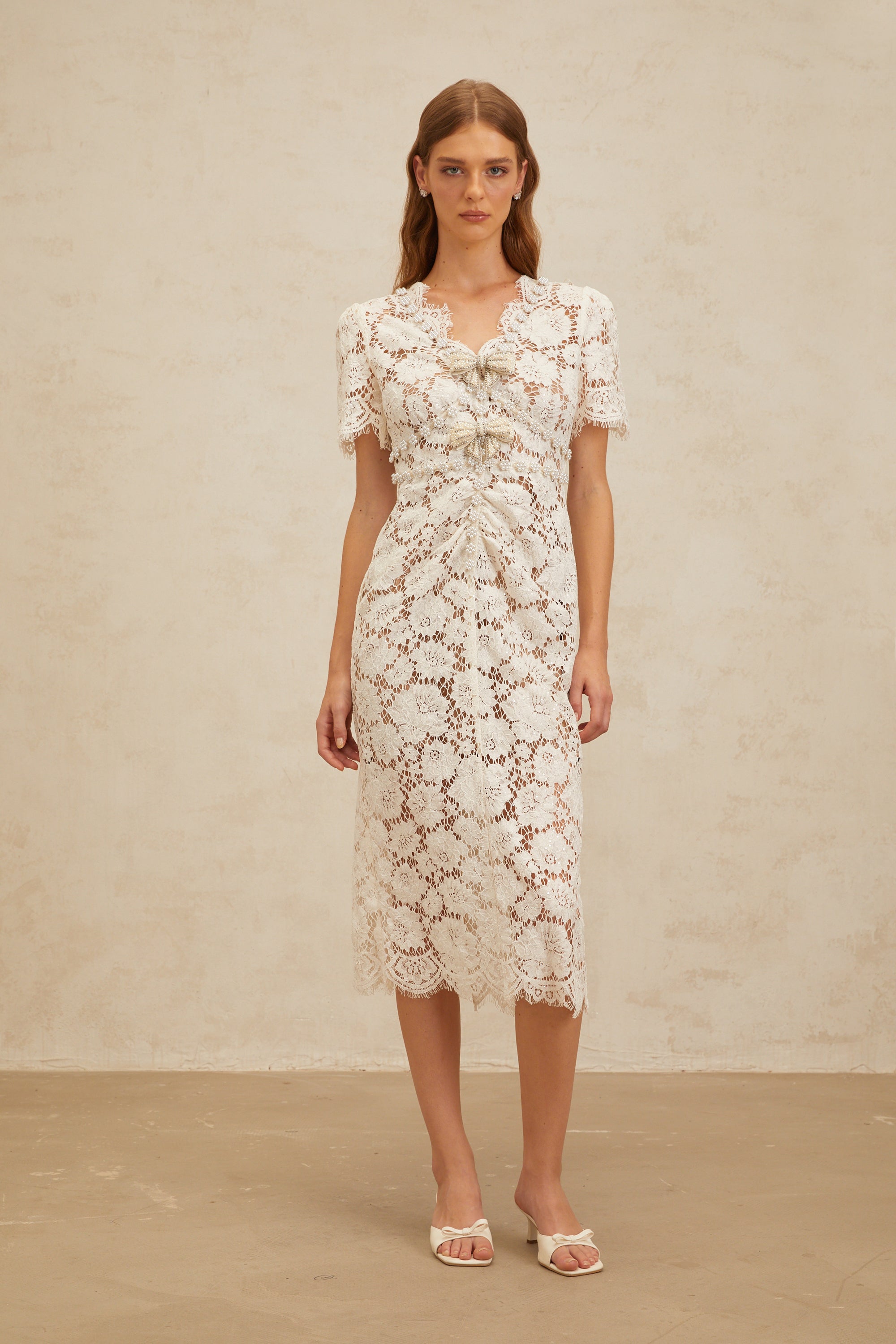 Aurore White Floral Lace Pencil Midi Dress