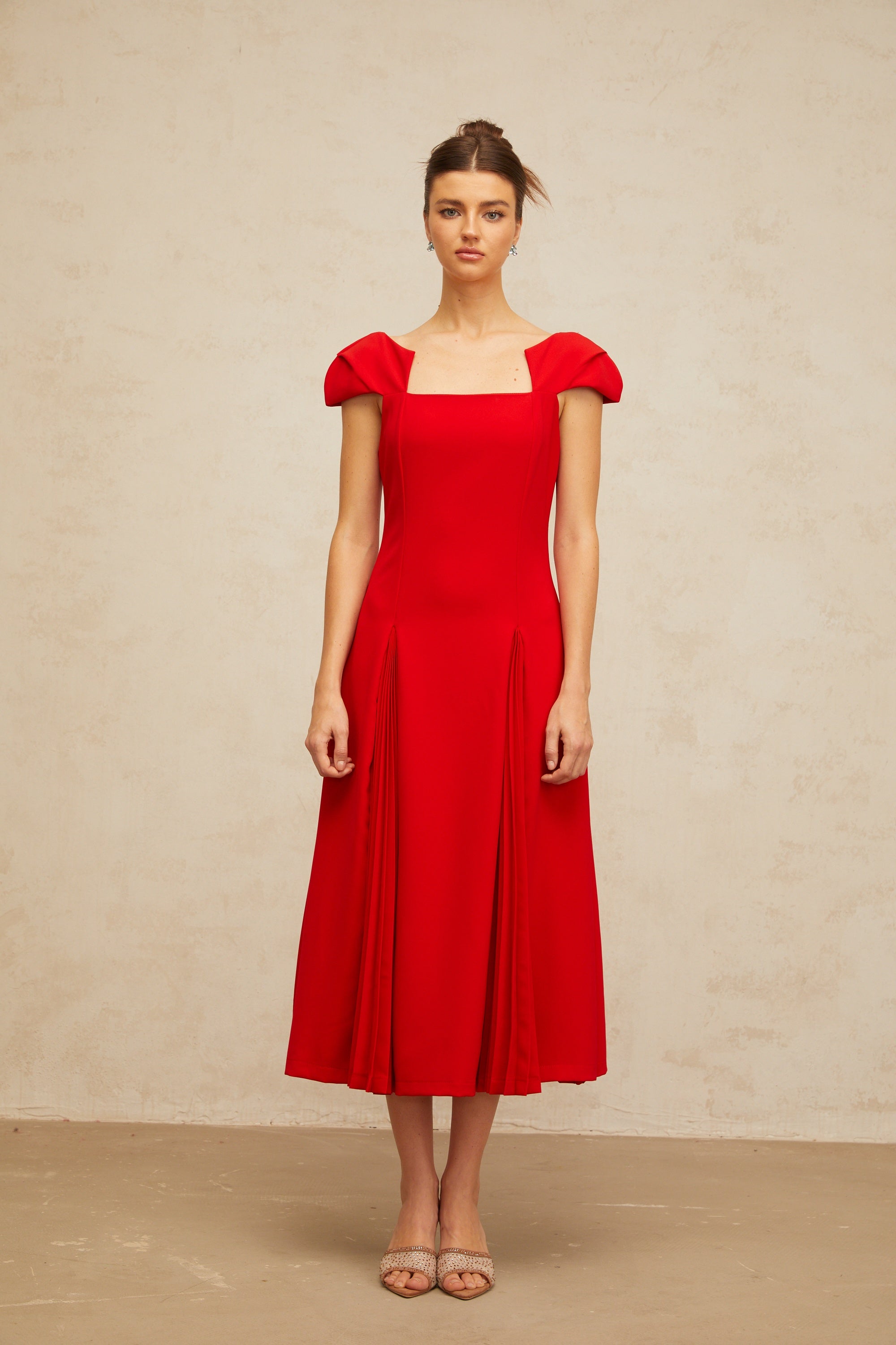Gervaise red pleated-detail flared midi dress