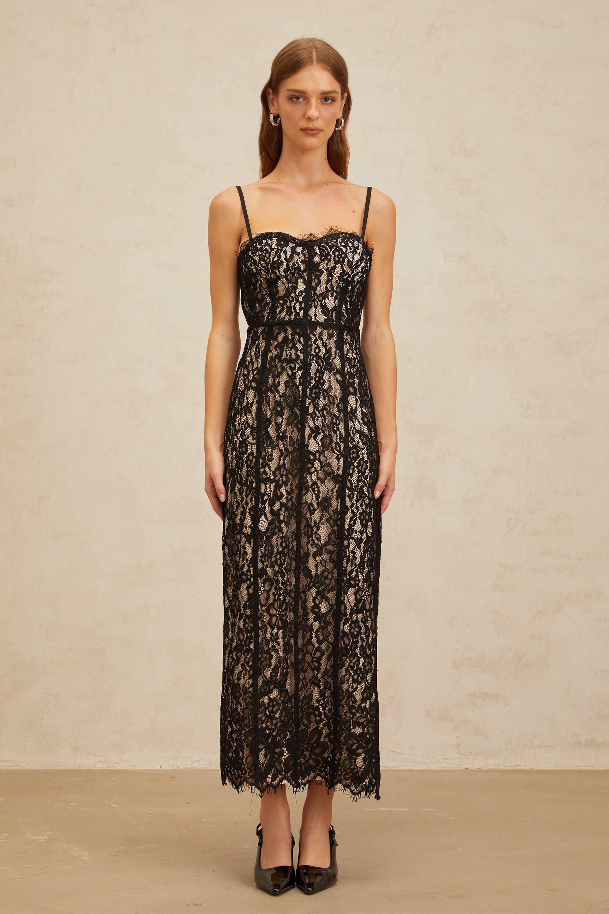 Fleur Black Floral Lace Bustier Maxi Dress