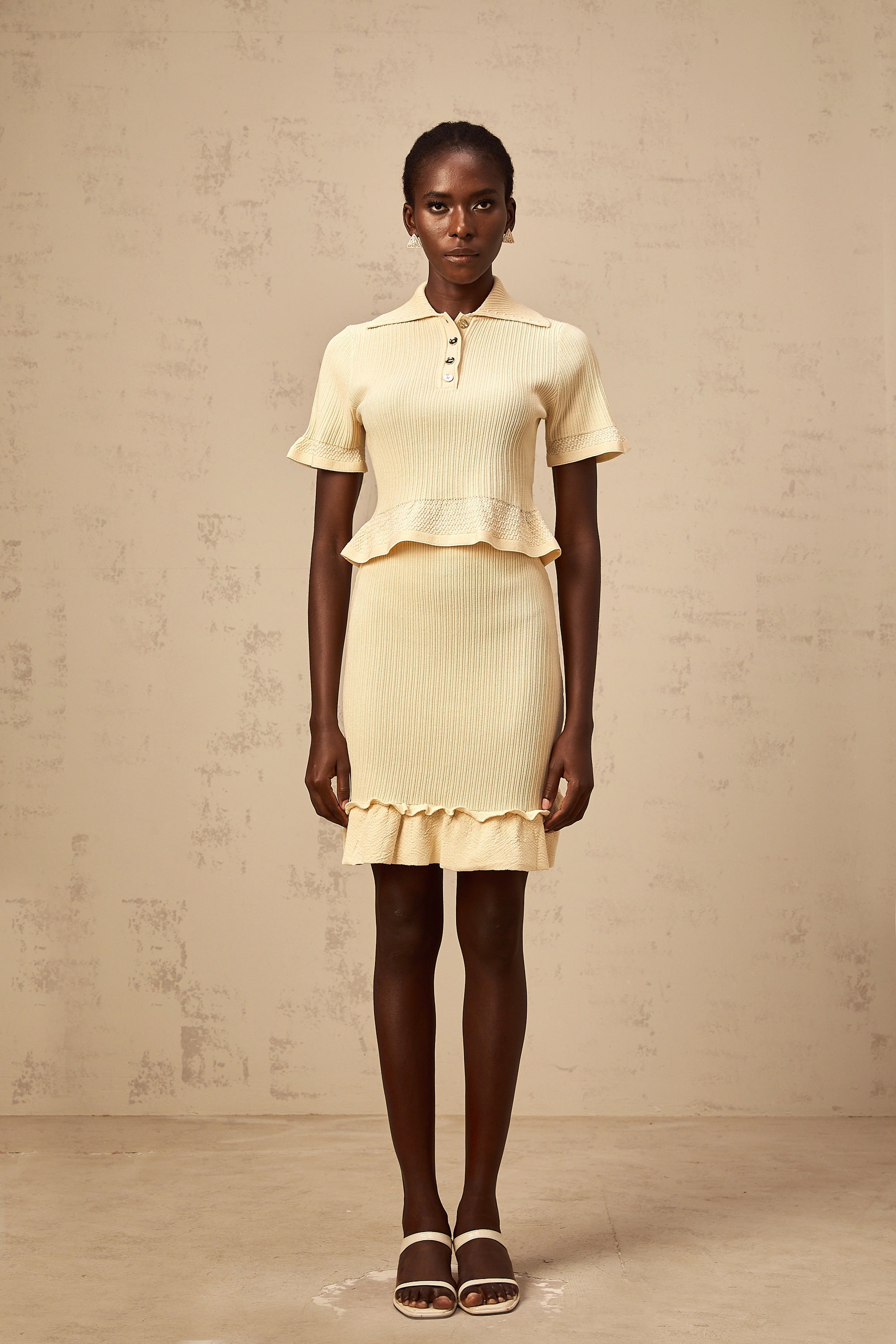 Reine yellow ruffled ribbed-knit top & skirt matching set