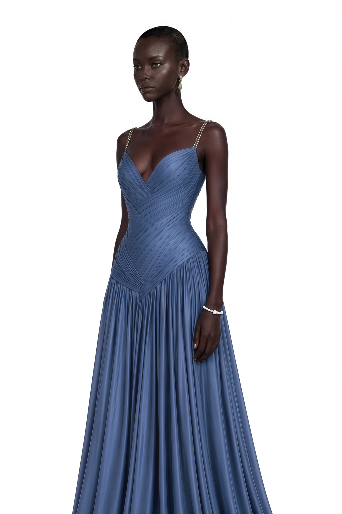 angelína blue diagonal pleated gathered maxi gown