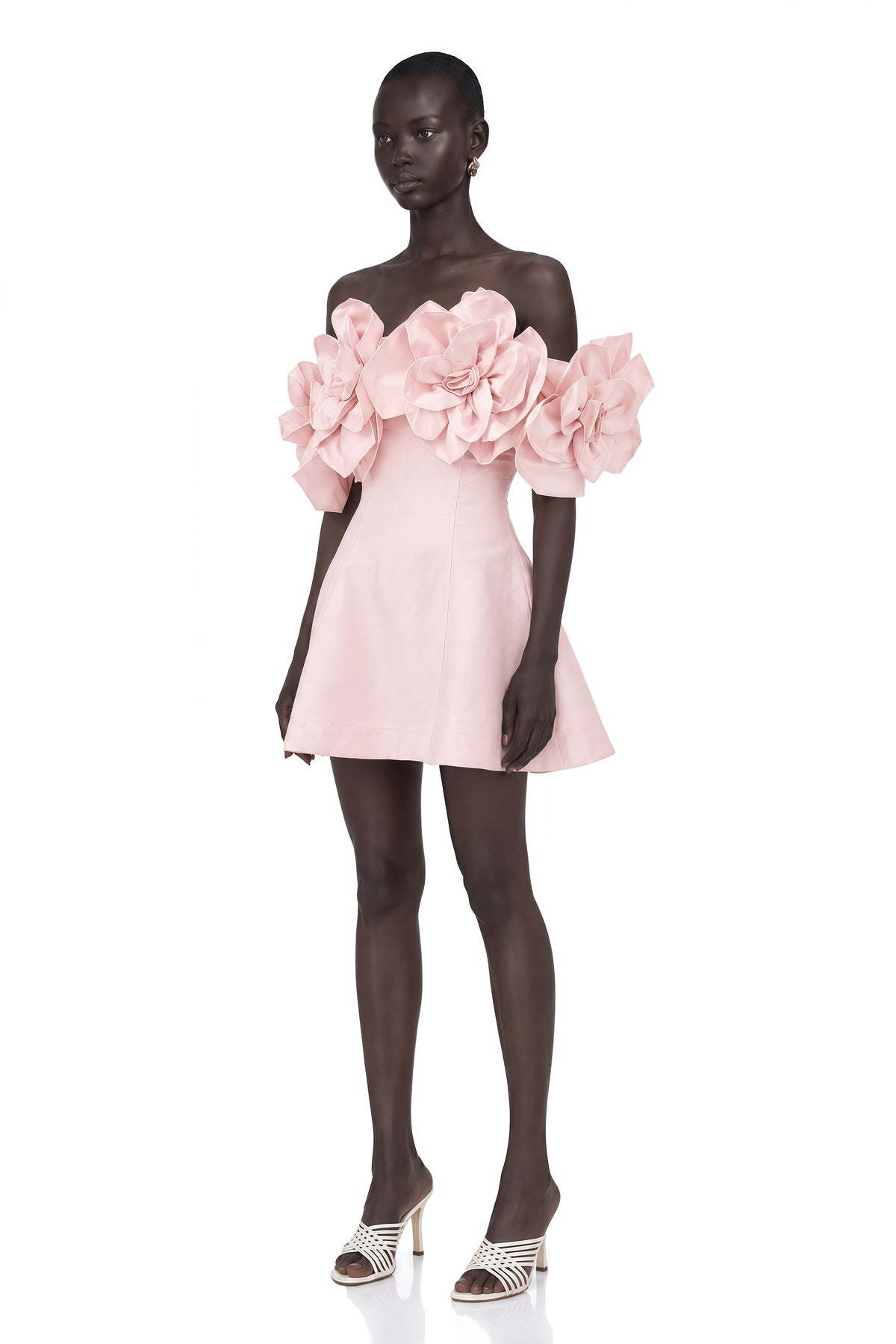 juliette pink off-shoulder 3d-petal mini dress