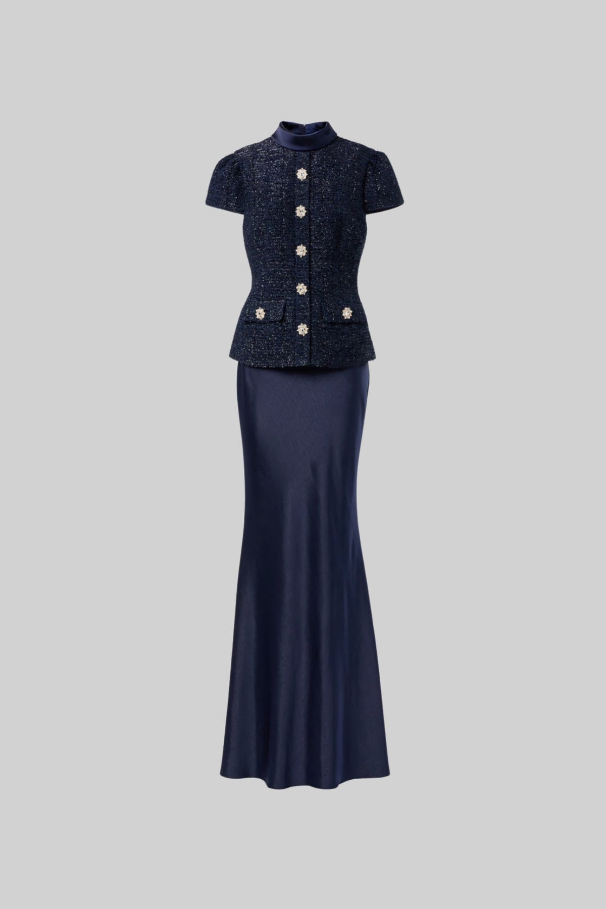 Anastasia Navy Co-Ord Set with Tweed Embellished Top and Satin Maxi Skirt