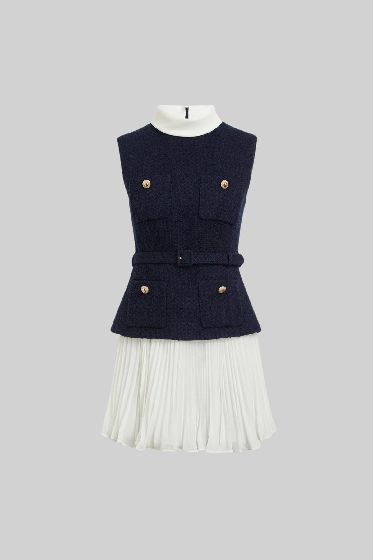 Structured Sleeveless Dress with Pleated Skirt and Contrast Collar - Navy/White