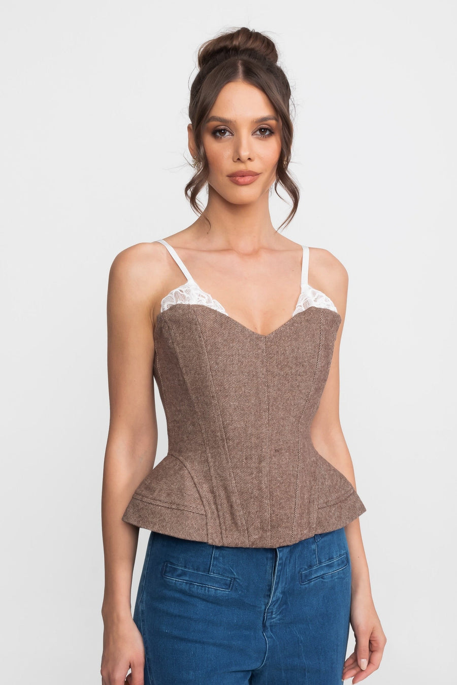 Donatella Brown Structured Tweed Corset Top With Lace Straps And Peplum Hem