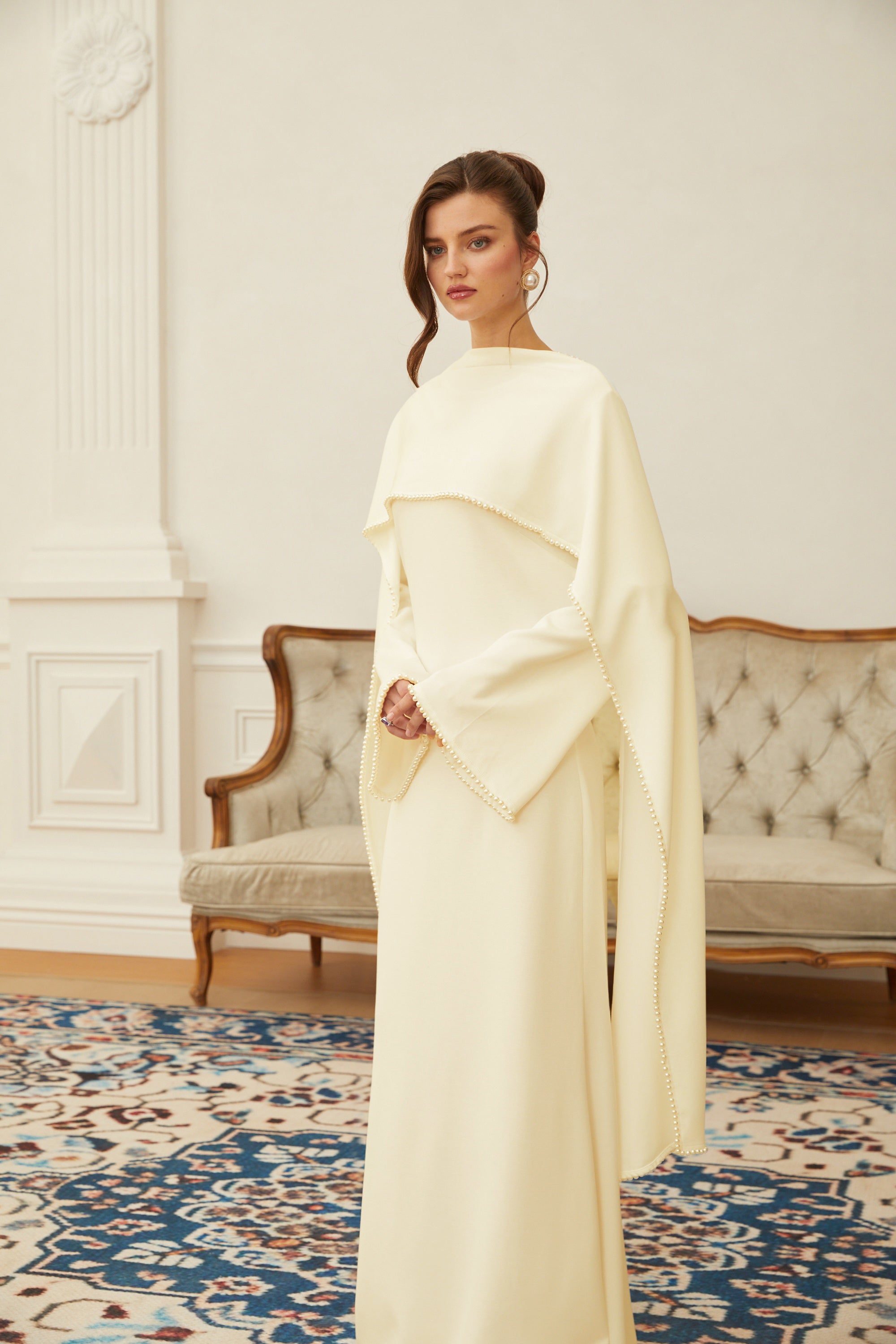 Piroska Yellow Pearl Trim Shawl Detail Maxi Dress