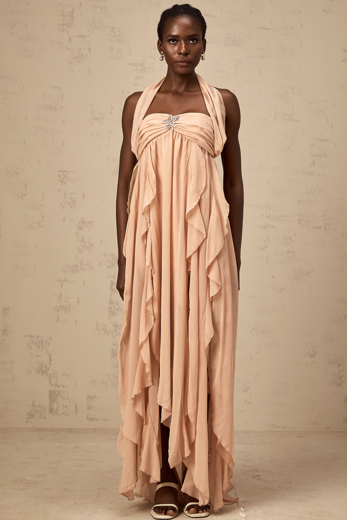 Mariah Pink Chiffon Ruffle Halterneck Maxi Dress (Final Sale-US Only)