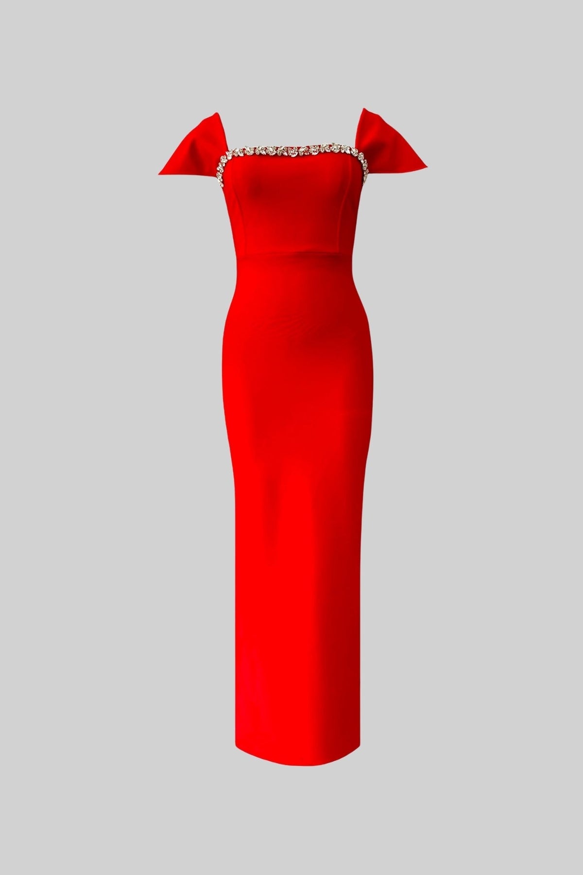 Off-Shoulder Fitted Gown With Crystal Embellishments – Red