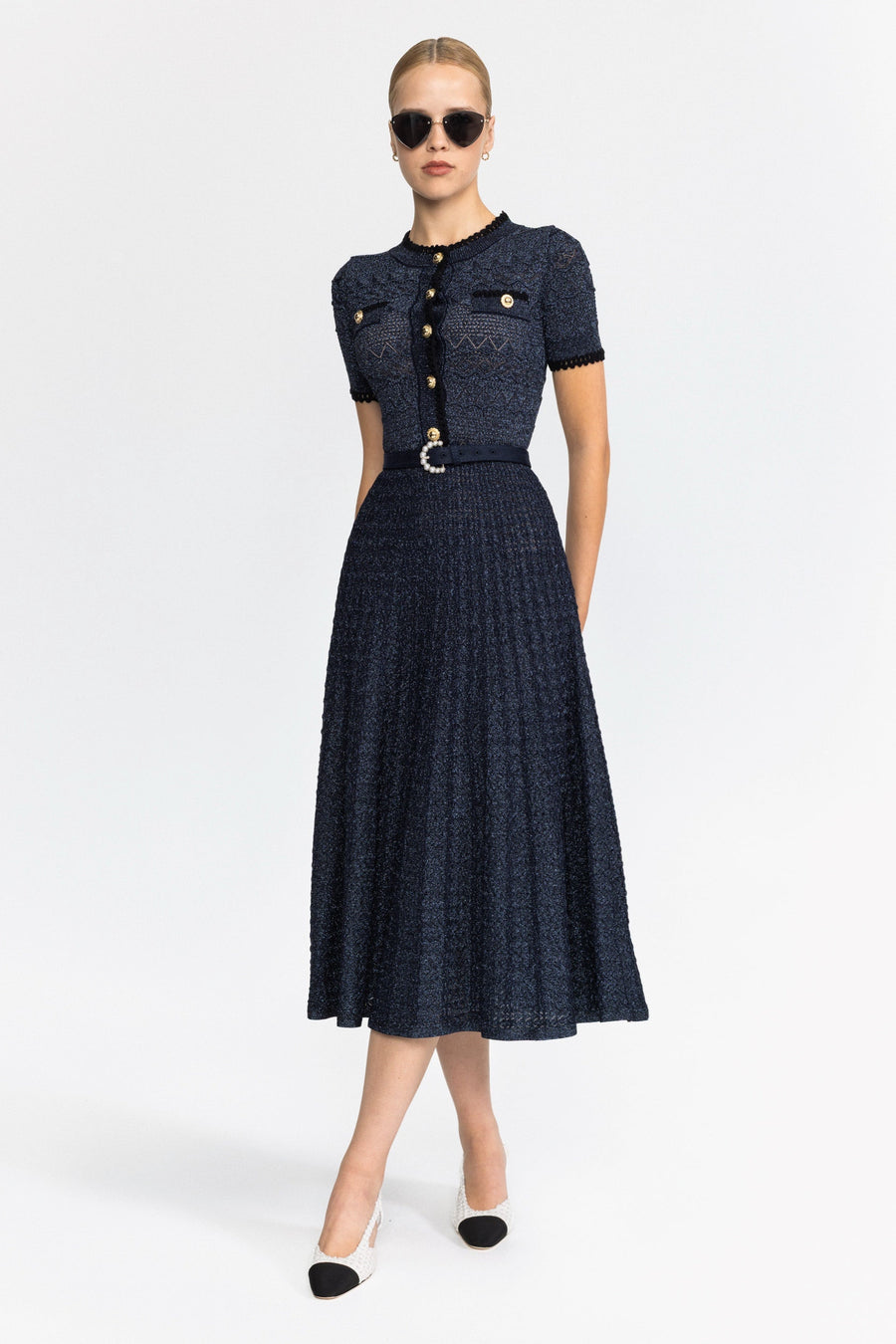 Eugénie Metallic Pointelle Knit Belted Midi Dress - Navy