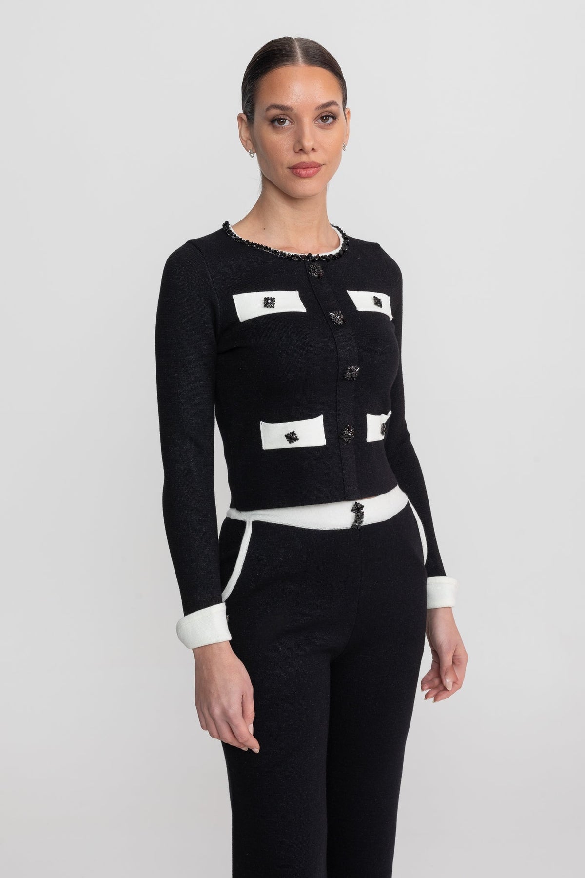 Francesca Black Long Sleeve Knit Co-Ord Set With Contrast Trim And Sparkling Embellishments