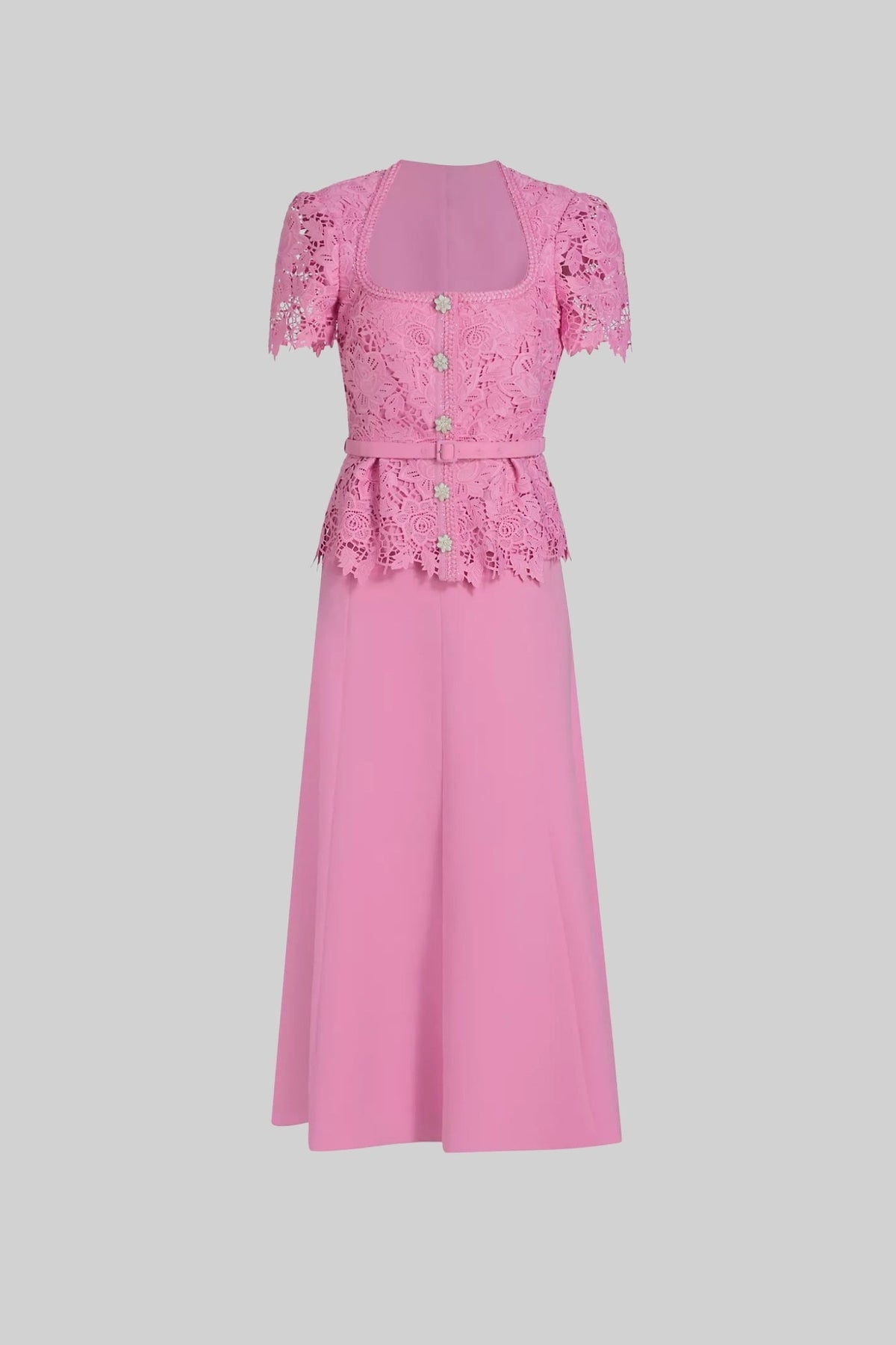 Aurelia Pink Elegant Dress With Lace Top, Matching Belt And Coordinated Skirt