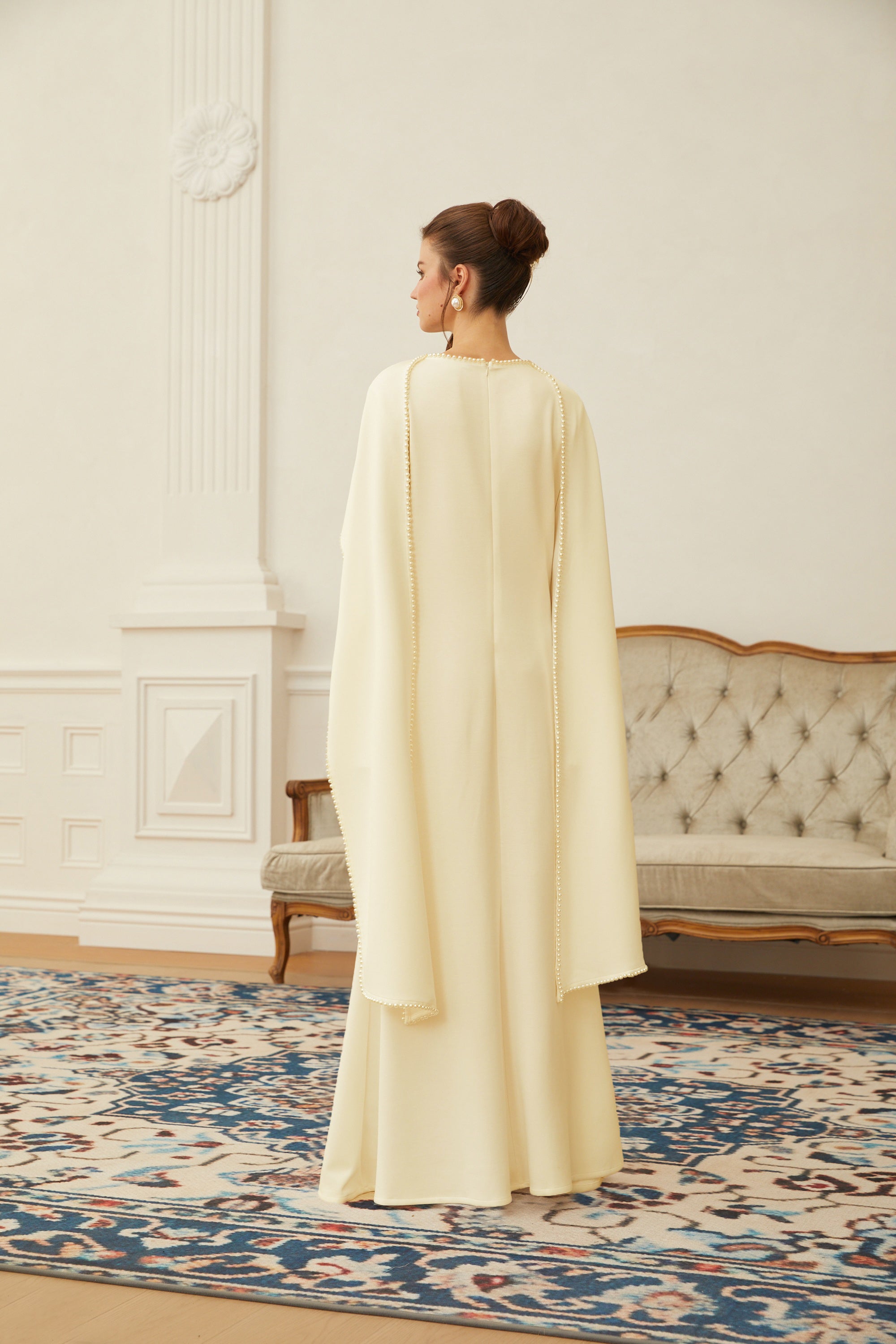 Piroska Yellow Pearl Trim Shawl Detail Maxi Dress (Final Sale-US Only)