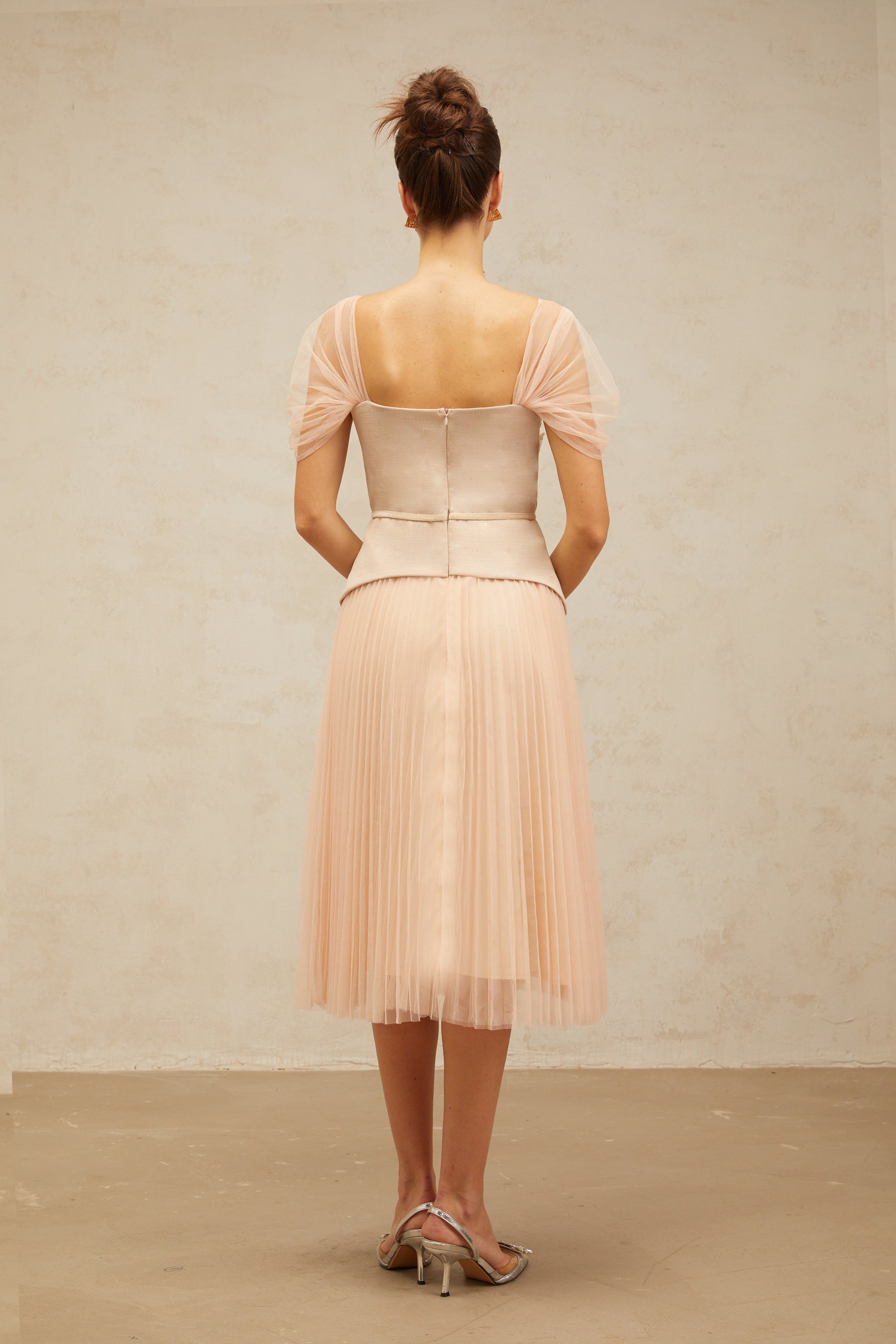 Anaëlle pink-beige flower-embroidered tulle midi dress
