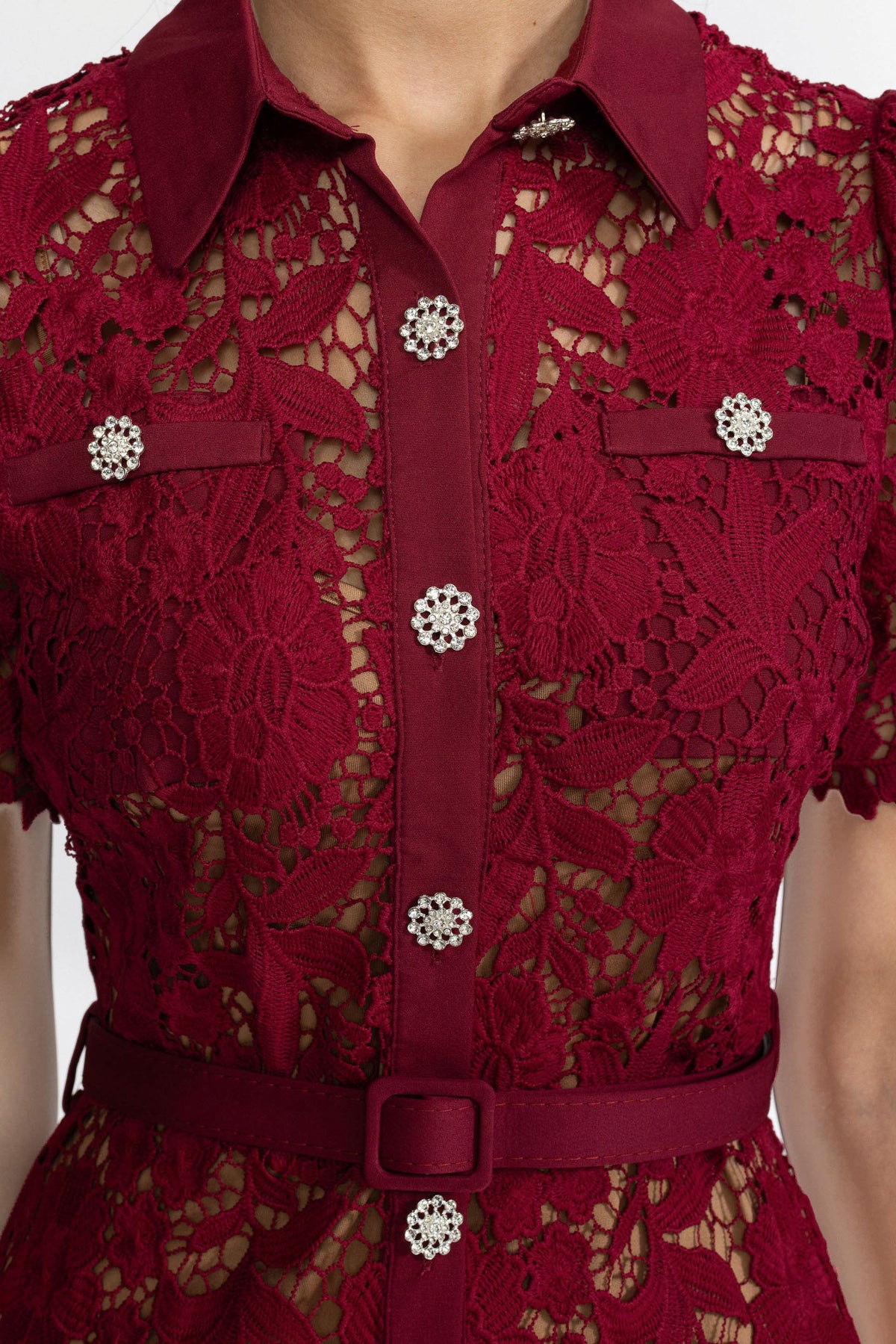 Guipure Lace Crystal Button Shirt Midi Dress - Wine