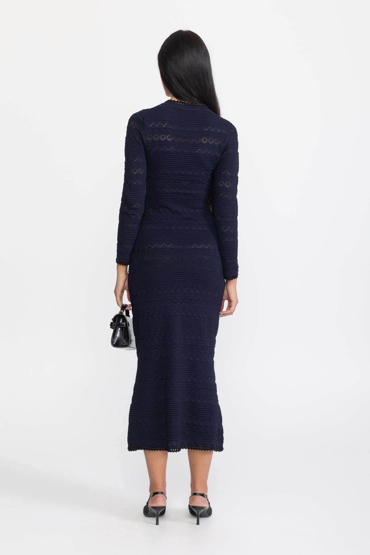 Crochet Trim Knit Button Midi Dress with Flower Brooch - Navy